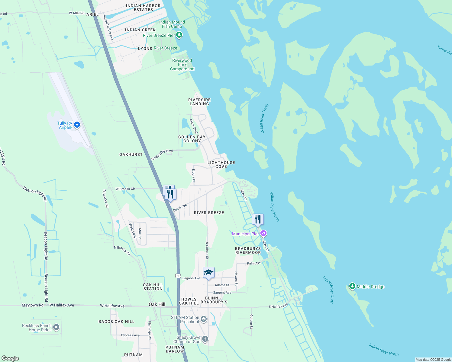 map of restaurants, bars, coffee shops, grocery stores, and more near 345 Water Landing Drive in Oak Hill