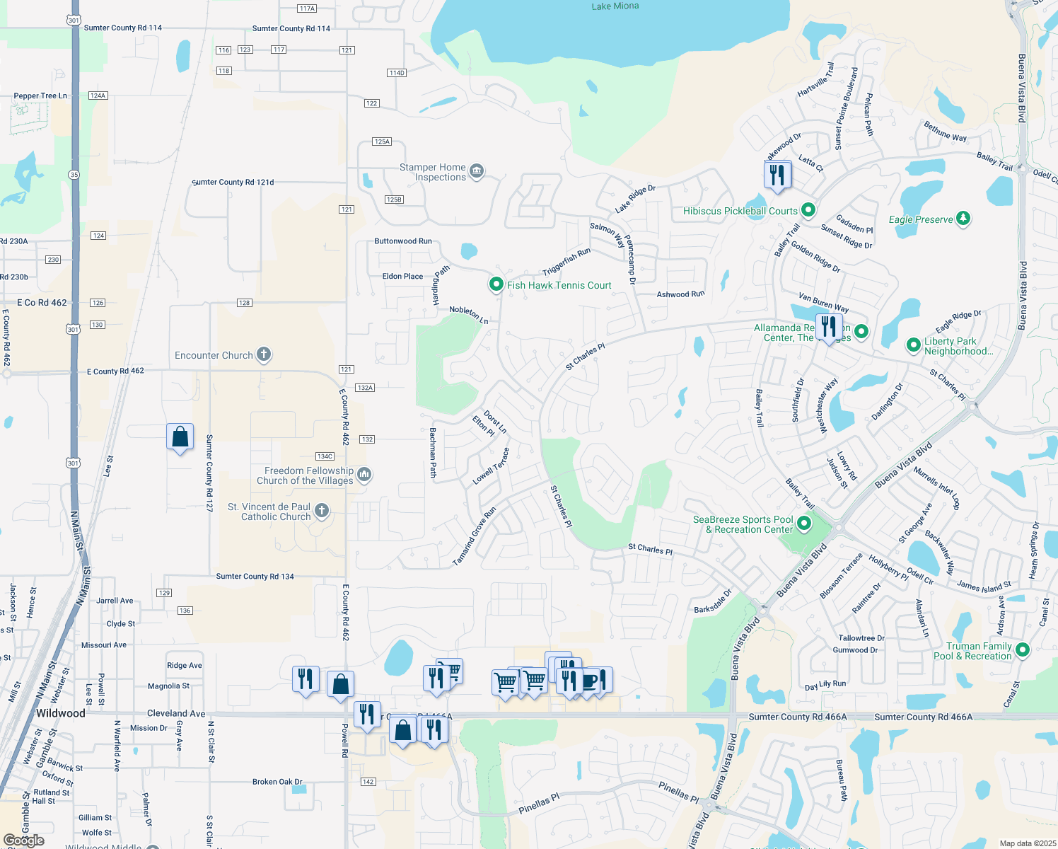 map of restaurants, bars, coffee shops, grocery stores, and more near 2242 Crestview Street in The Villages