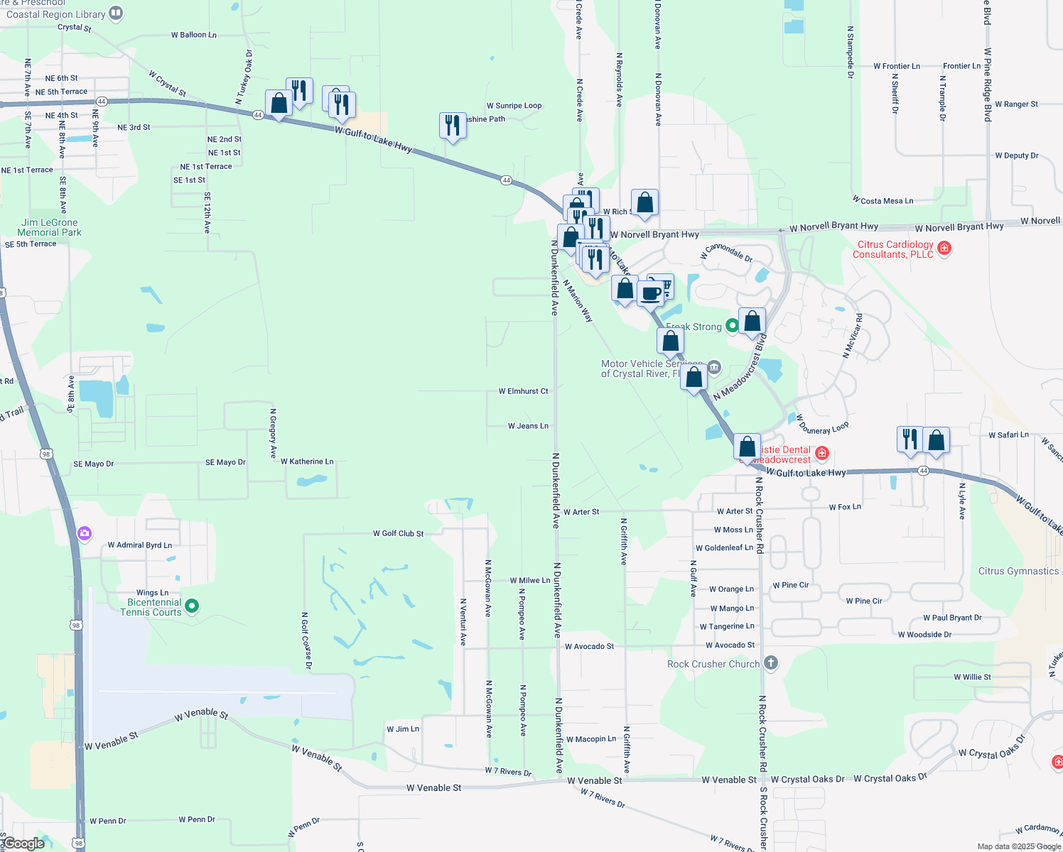 map of restaurants, bars, coffee shops, grocery stores, and more near 7076 West Jeans Lane in Crystal River