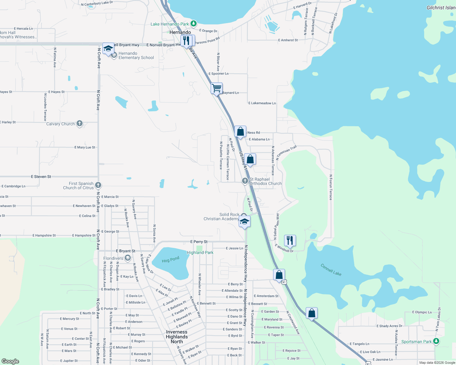 map of restaurants, bars, coffee shops, grocery stores, and more near 4000 East David Street in Inverness