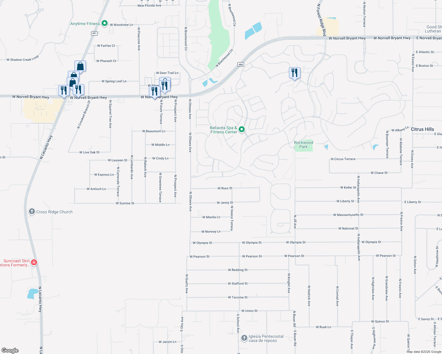 map of restaurants, bars, coffee shops, grocery stores, and more near 1650 West Laurel Glen Path in Hernando