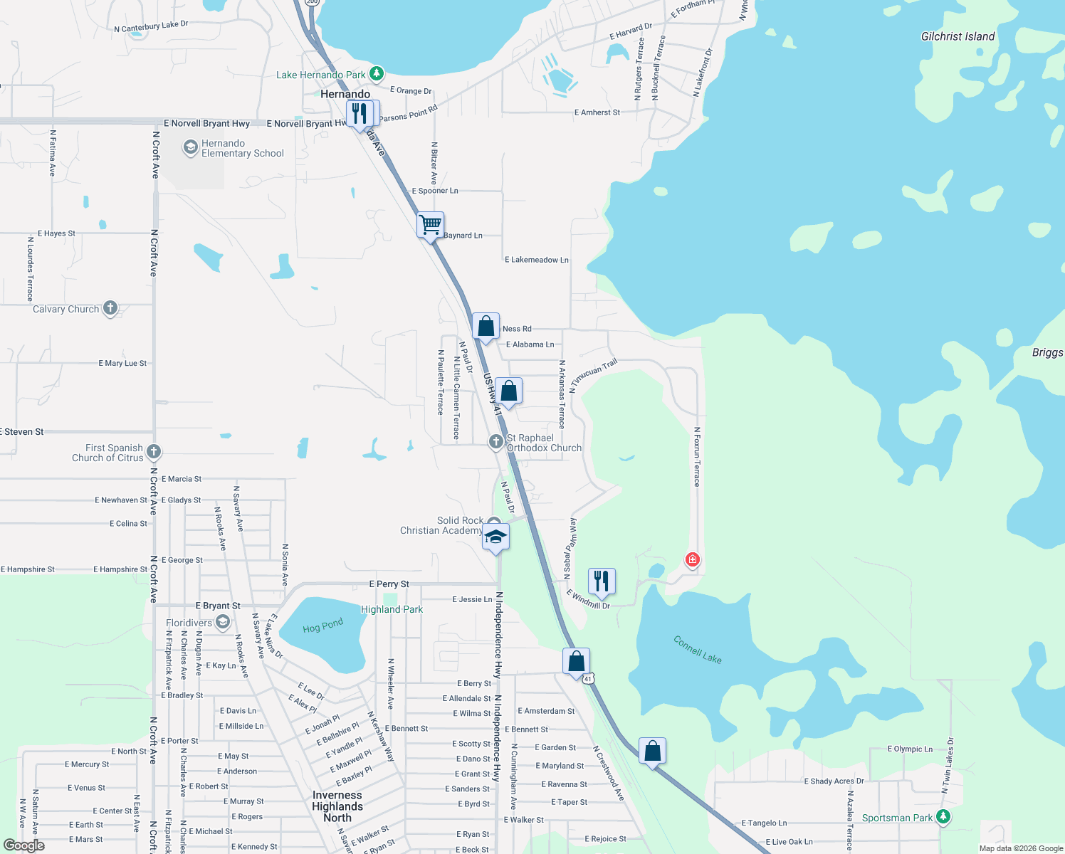 map of restaurants, bars, coffee shops, grocery stores, and more near 4266 East Mississippi Lane in Hernando