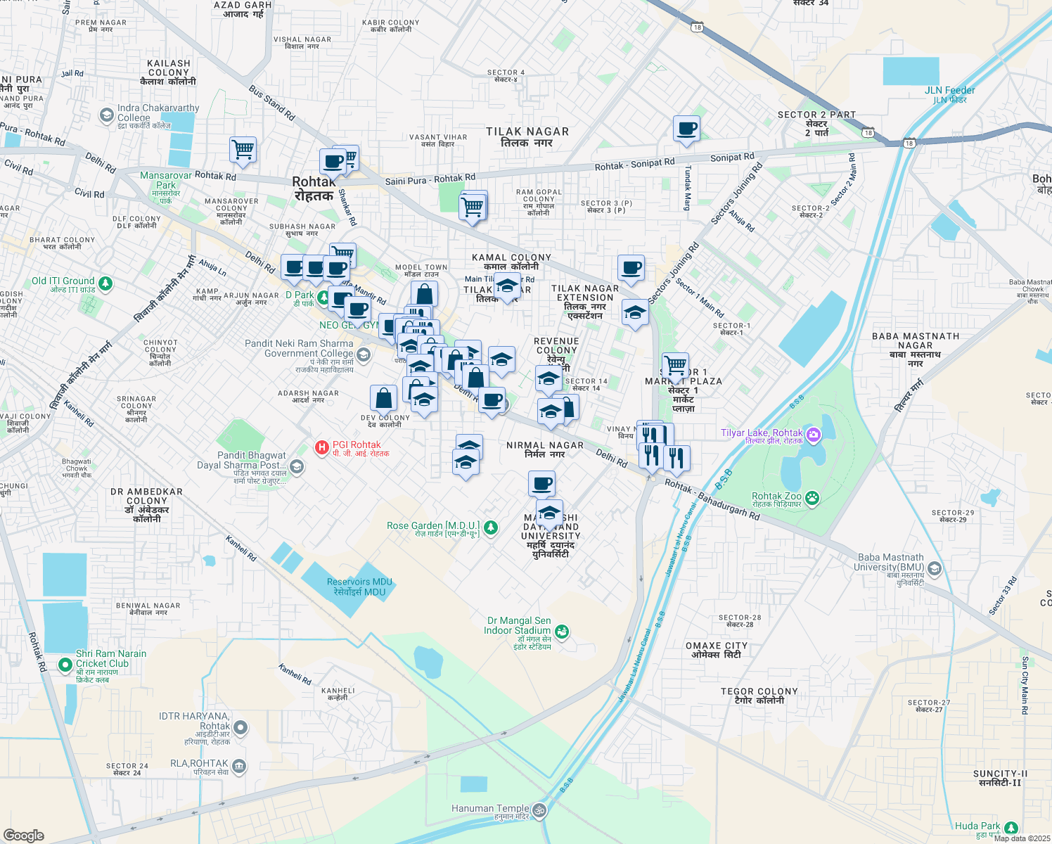 map of restaurants, bars, coffee shops, grocery stores, and more near Delhi Road in Rohtak