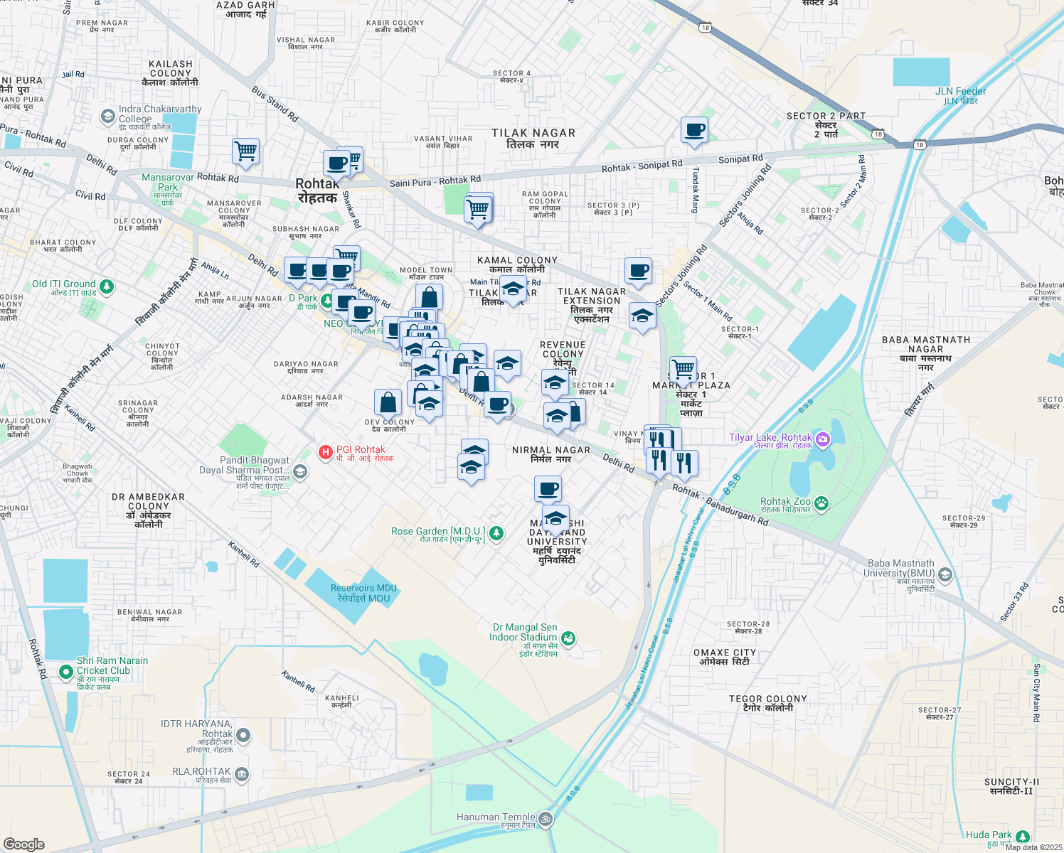 map of restaurants, bars, coffee shops, grocery stores, and more near Delhi Road in Rohtak