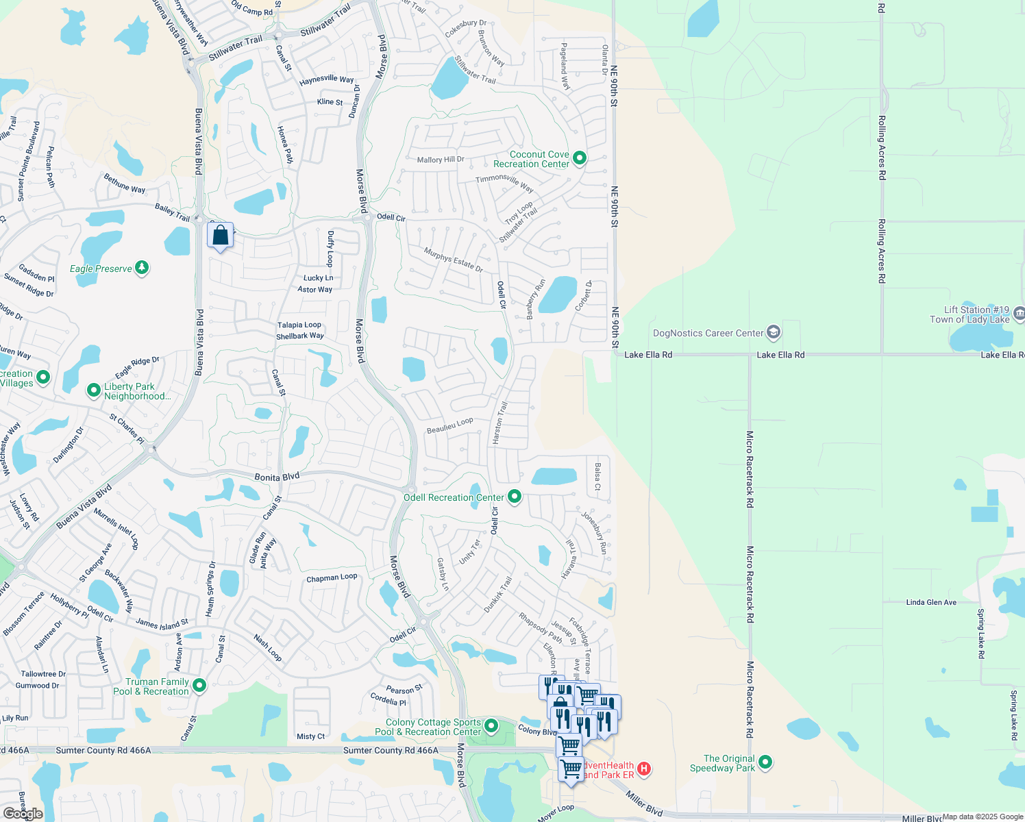 map of restaurants, bars, coffee shops, grocery stores, and more near 467 Keyhole Street in The Villages
