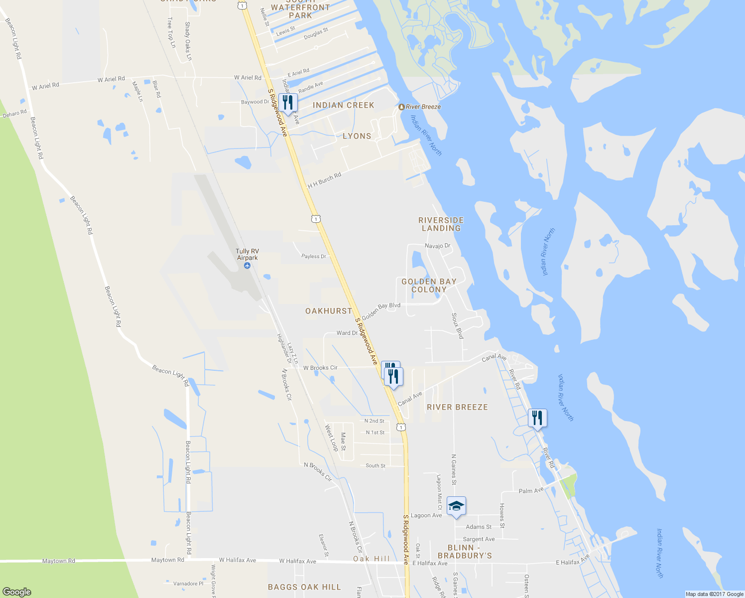 map of restaurants, bars, coffee shops, grocery stores, and more near 118 Seminole Street in Oak Hill