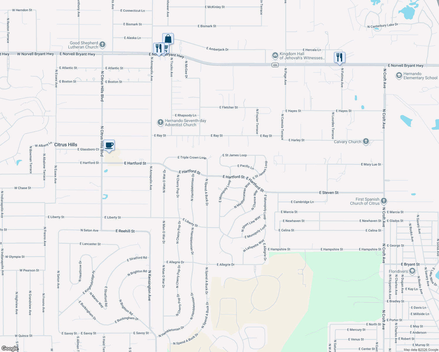 map of restaurants, bars, coffee shops, grocery stores, and more near 1455 East Hartford Street in Inverness