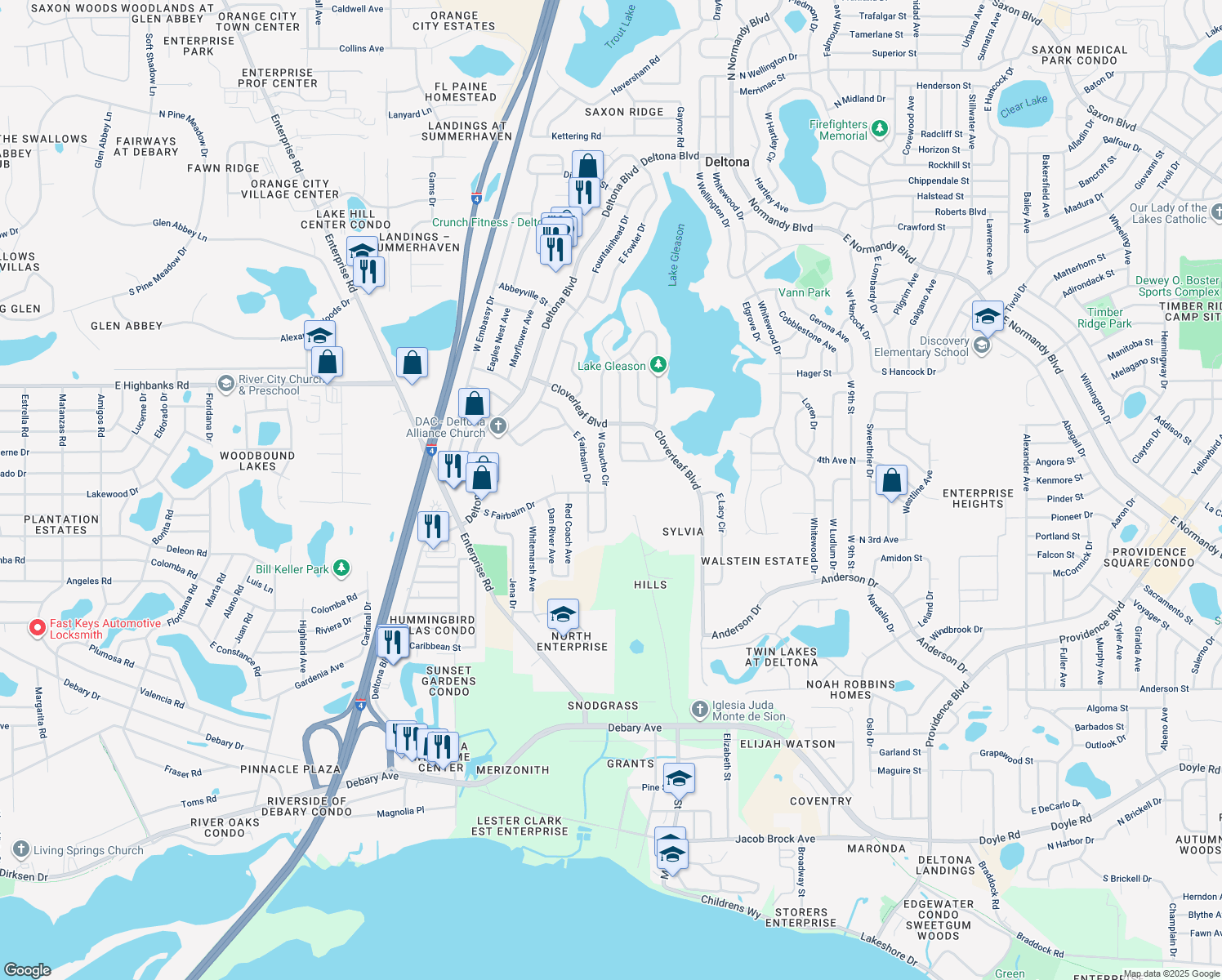 map of restaurants, bars, coffee shops, grocery stores, and more near 809 W Gaucho Cir in Deltona