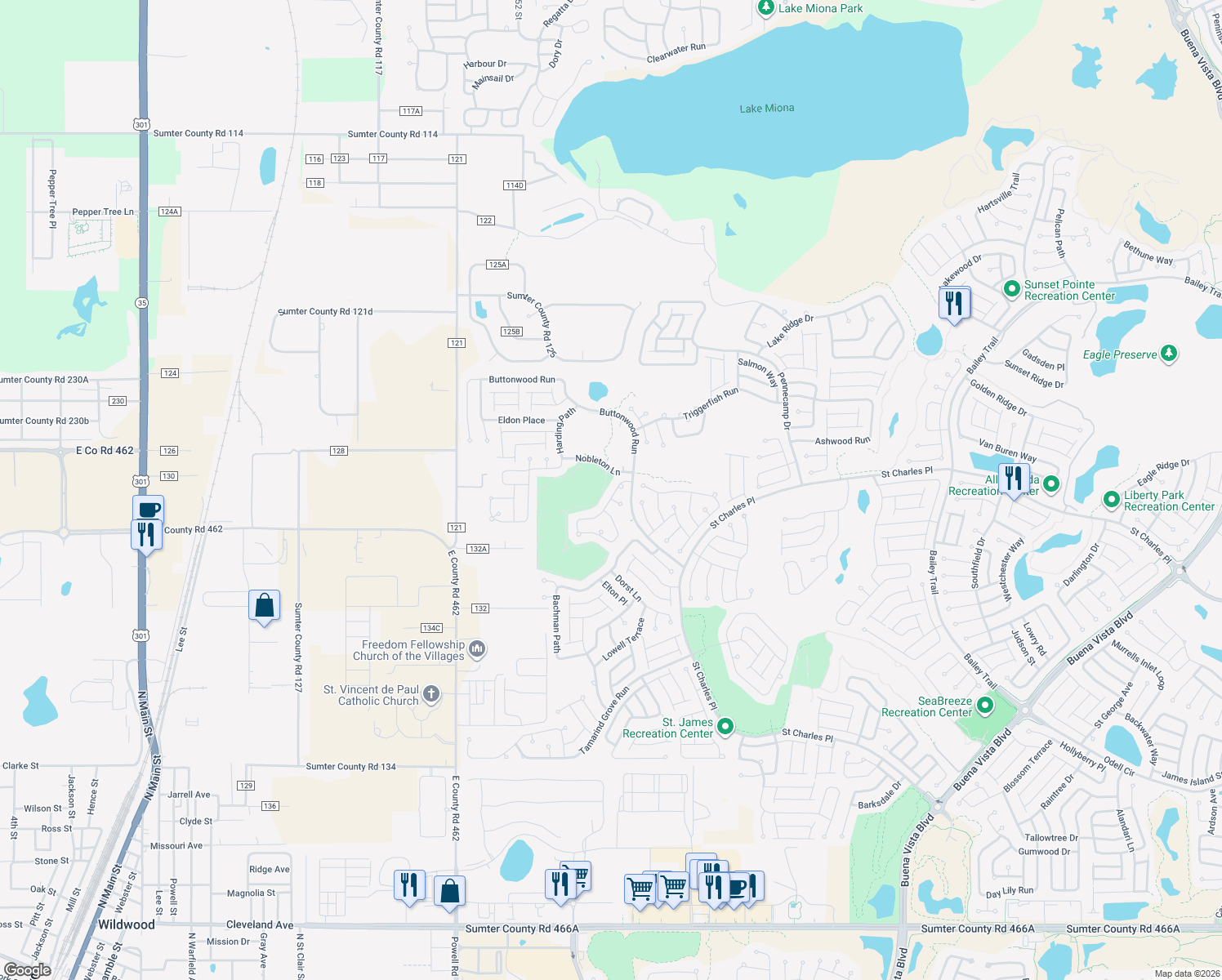 map of restaurants, bars, coffee shops, grocery stores, and more near 1928 Allure Loop in The Villages