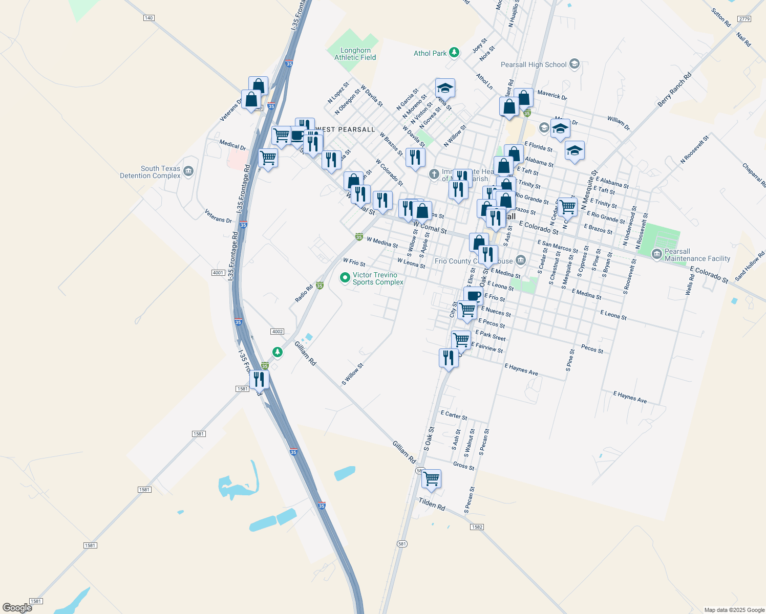 map of restaurants, bars, coffee shops, grocery stores, and more near 225 Phelps Street in Pearsall