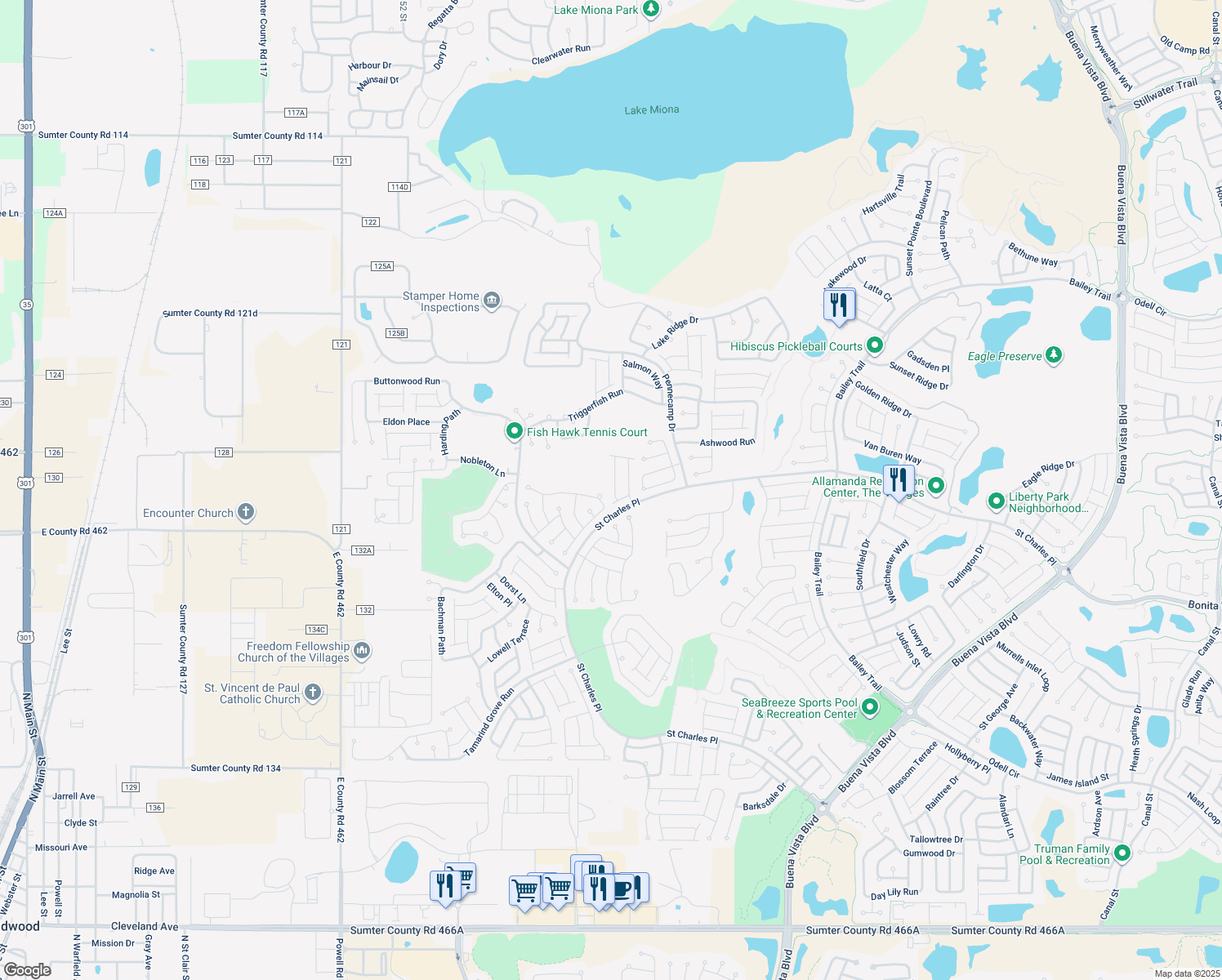 map of restaurants, bars, coffee shops, grocery stores, and more near 1968 Ladyfish Avenue in The Villages