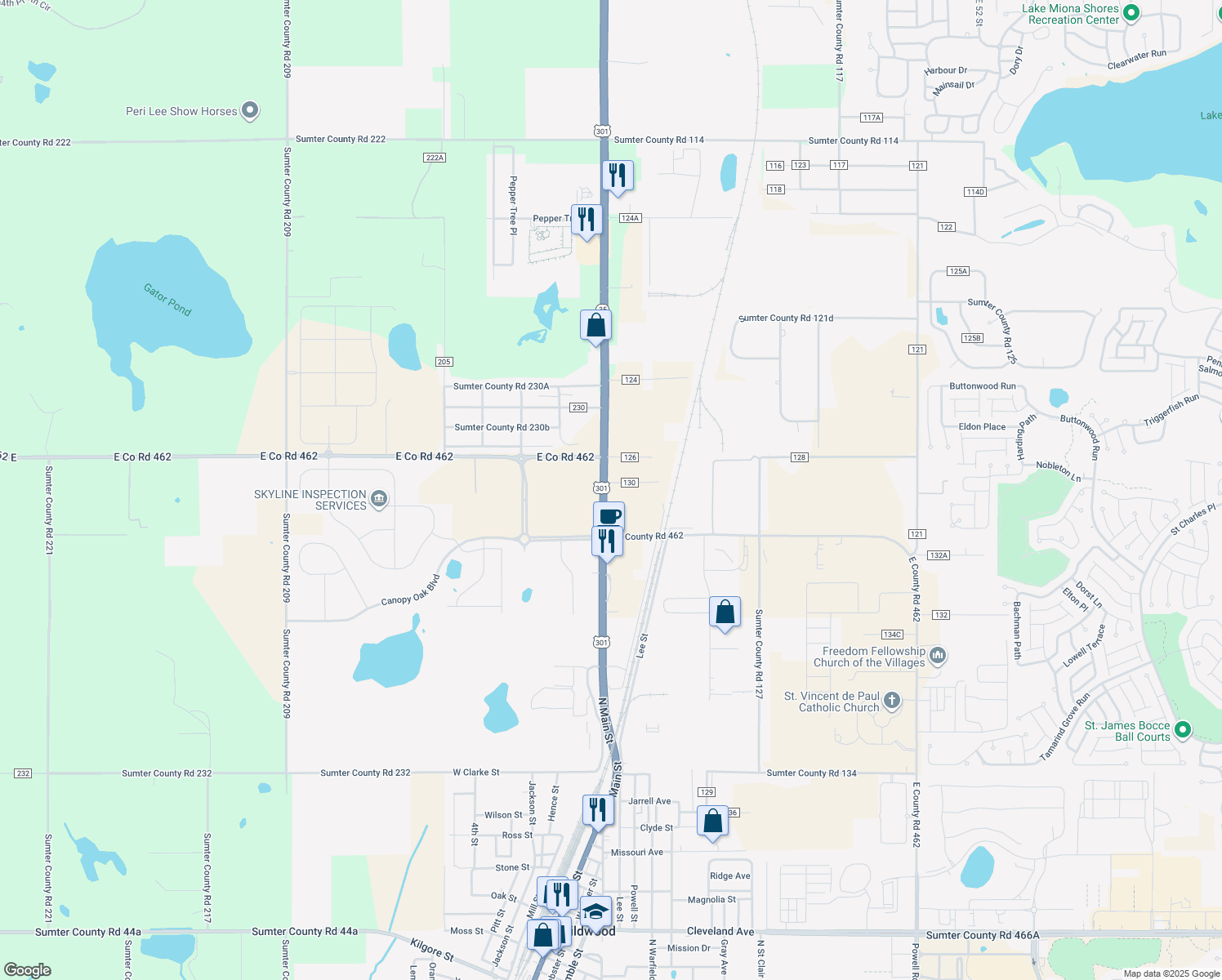map of restaurants, bars, coffee shops, grocery stores, and more near 4033 Co Road 130 in Wildwood