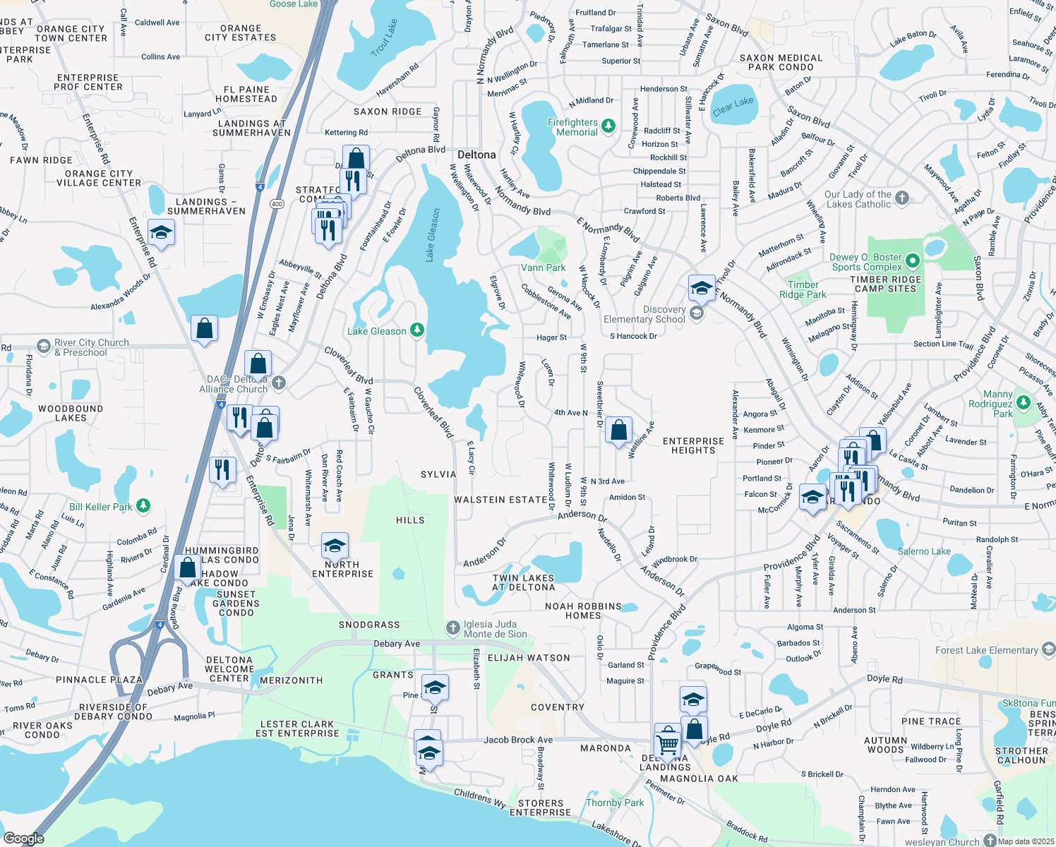 map of restaurants, bars, coffee shops, grocery stores, and more near 888 Whitewood Drive in Deltona