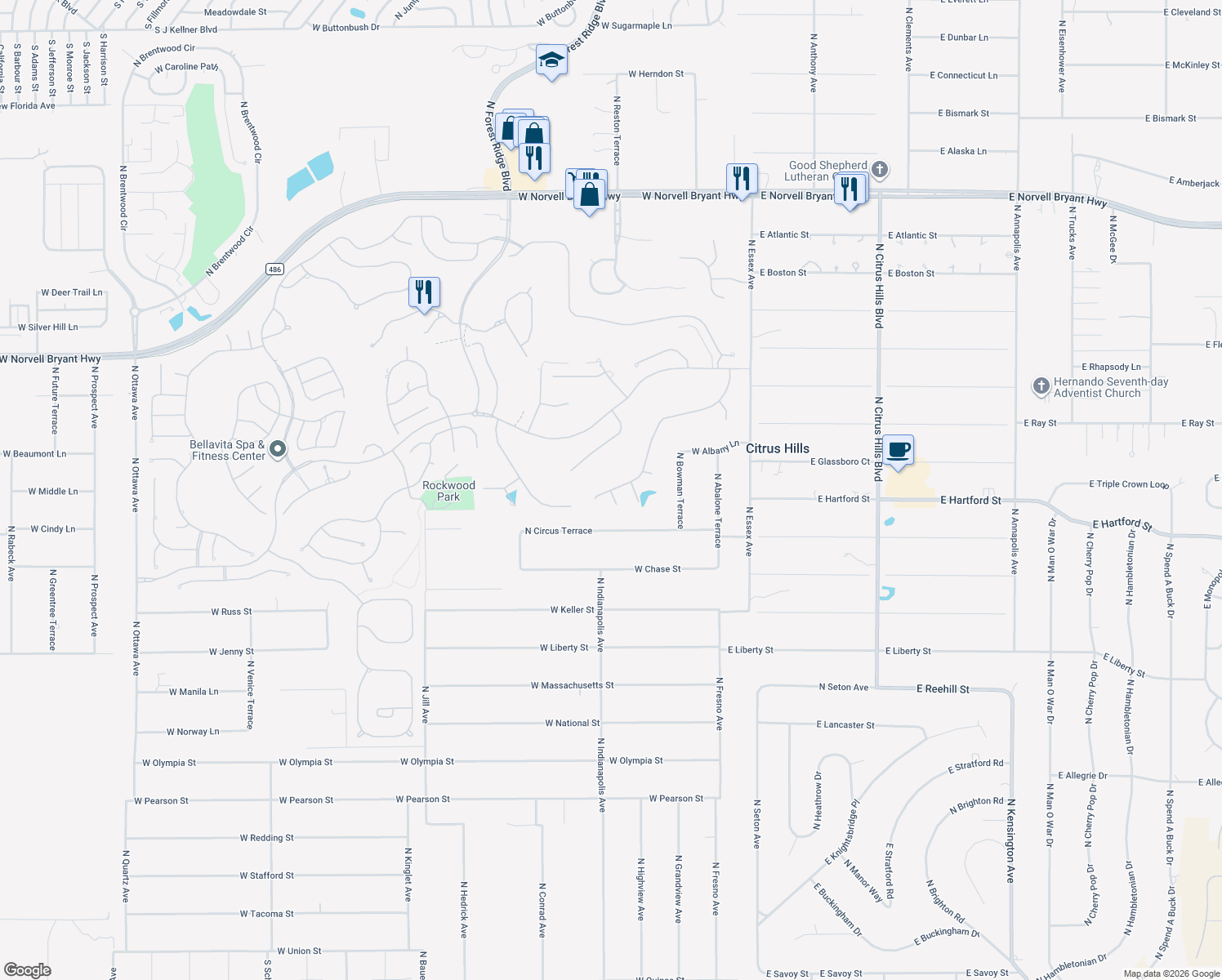 map of restaurants, bars, coffee shops, grocery stores, and more near 443 West Mickey Mantle Path in Hernando