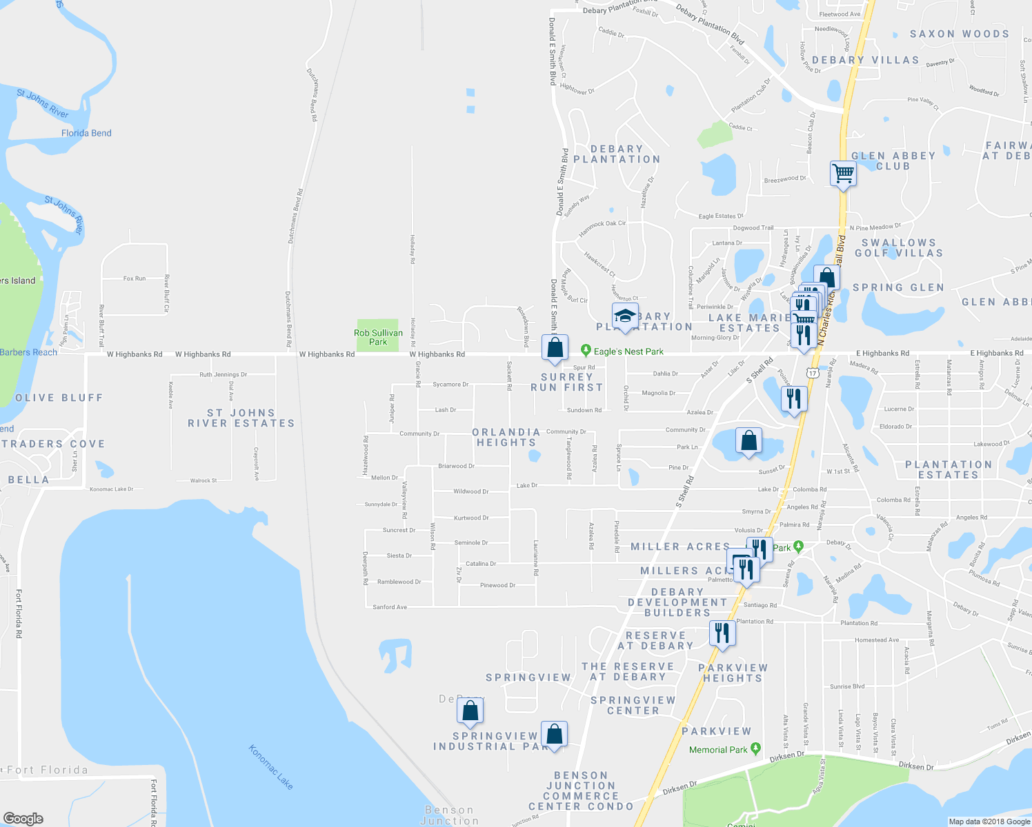 map of restaurants, bars, coffee shops, grocery stores, and more near 33 Sackett Road in DeBary