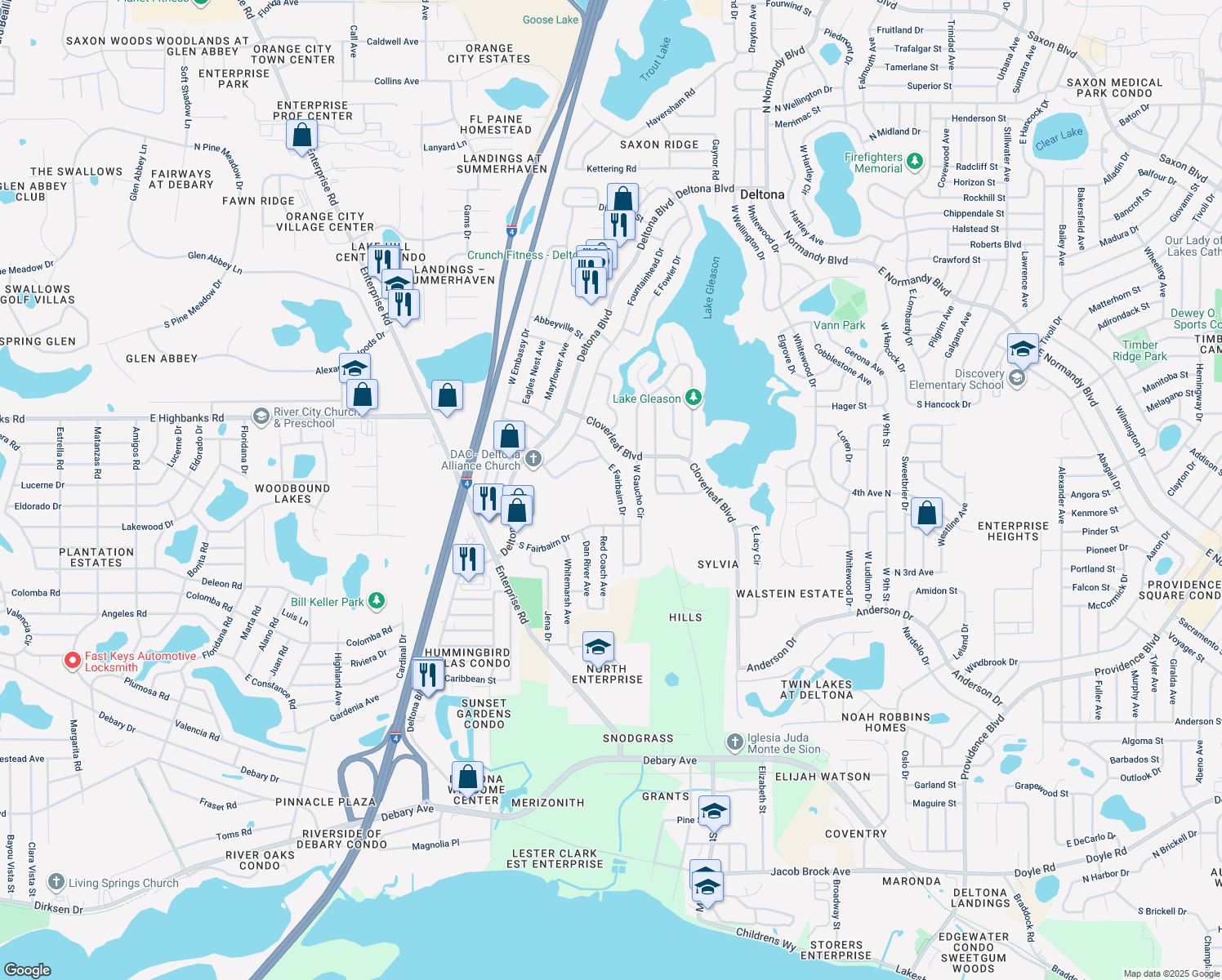 map of restaurants, bars, coffee shops, grocery stores, and more near 850 East Fairbairn Drive in Deltona