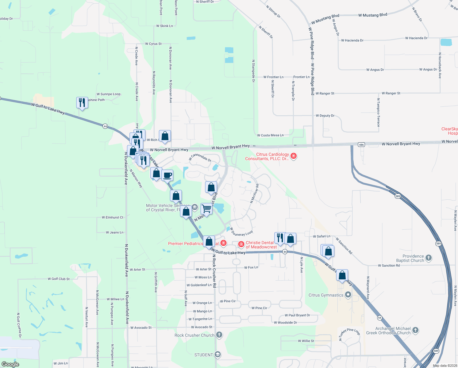 map of restaurants, bars, coffee shops, grocery stores, and more near 1690 North Foxboro Loop in Crystal River