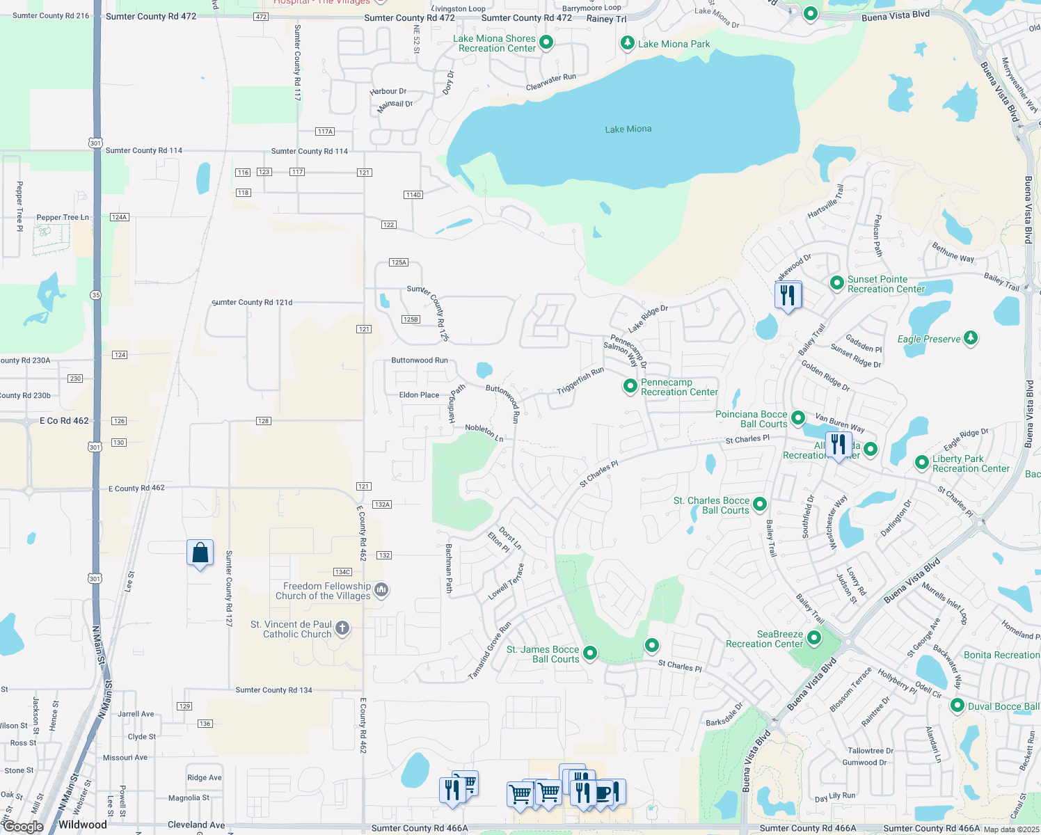 map of restaurants, bars, coffee shops, grocery stores, and more near 1888 Claverton Street in The Villages