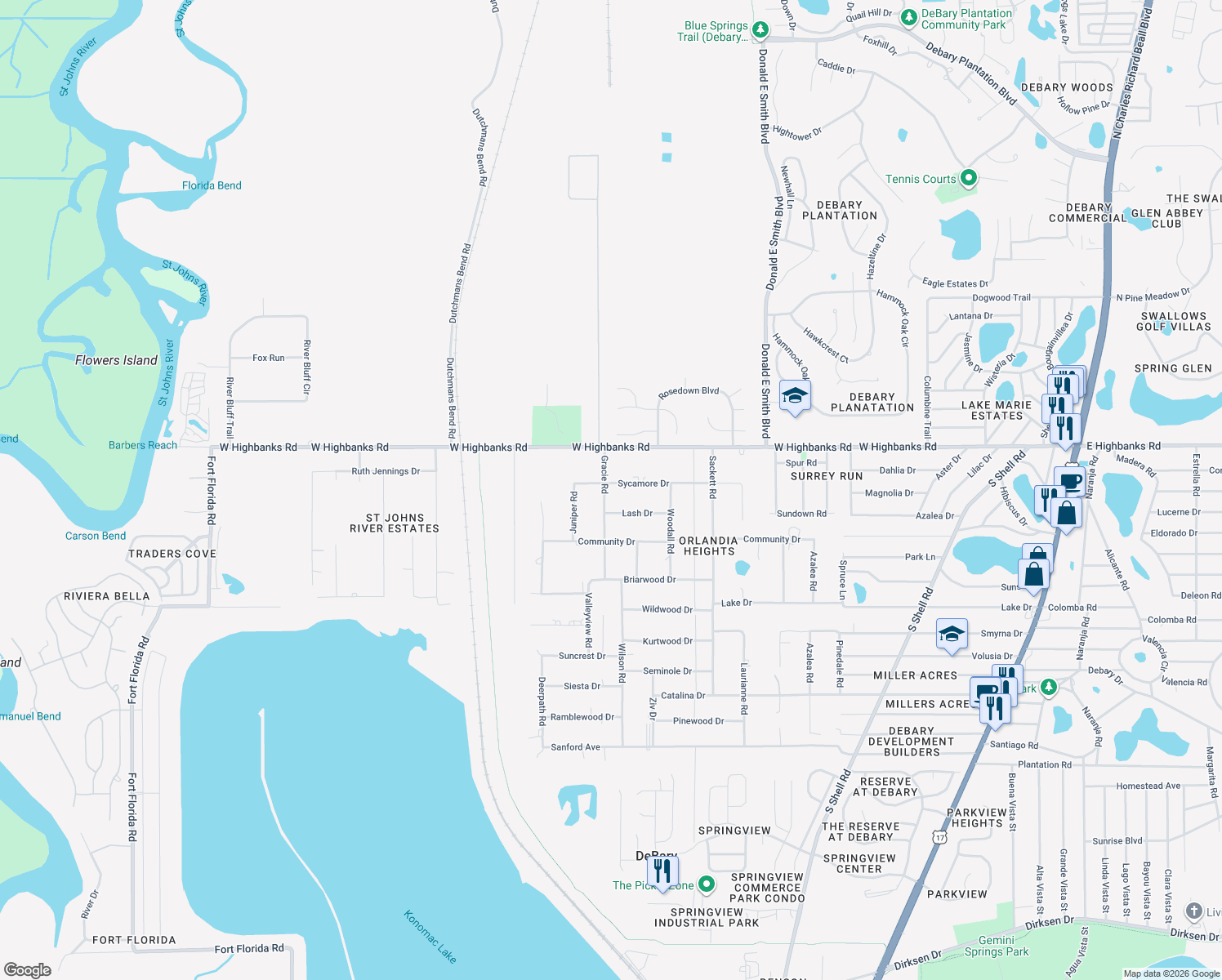 map of restaurants, bars, coffee shops, grocery stores, and more near 21 Gracie Road in DeBary