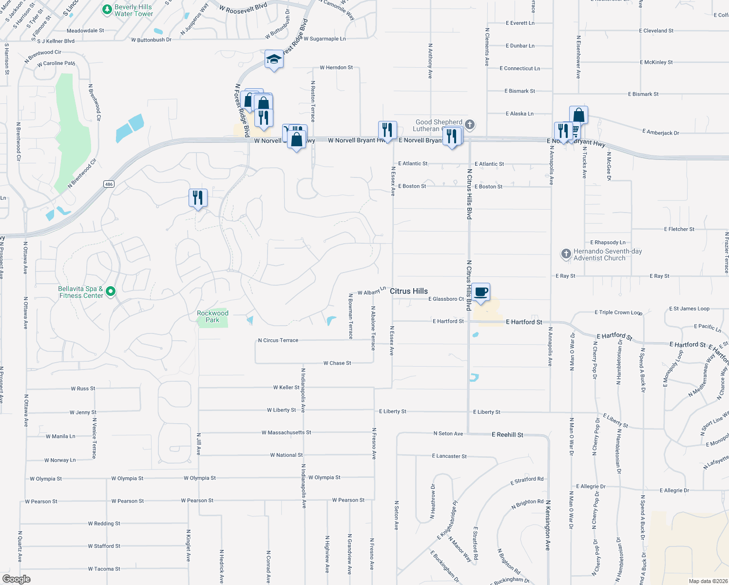 map of restaurants, bars, coffee shops, grocery stores, and more near 103 West Albany Lane in Hernando
