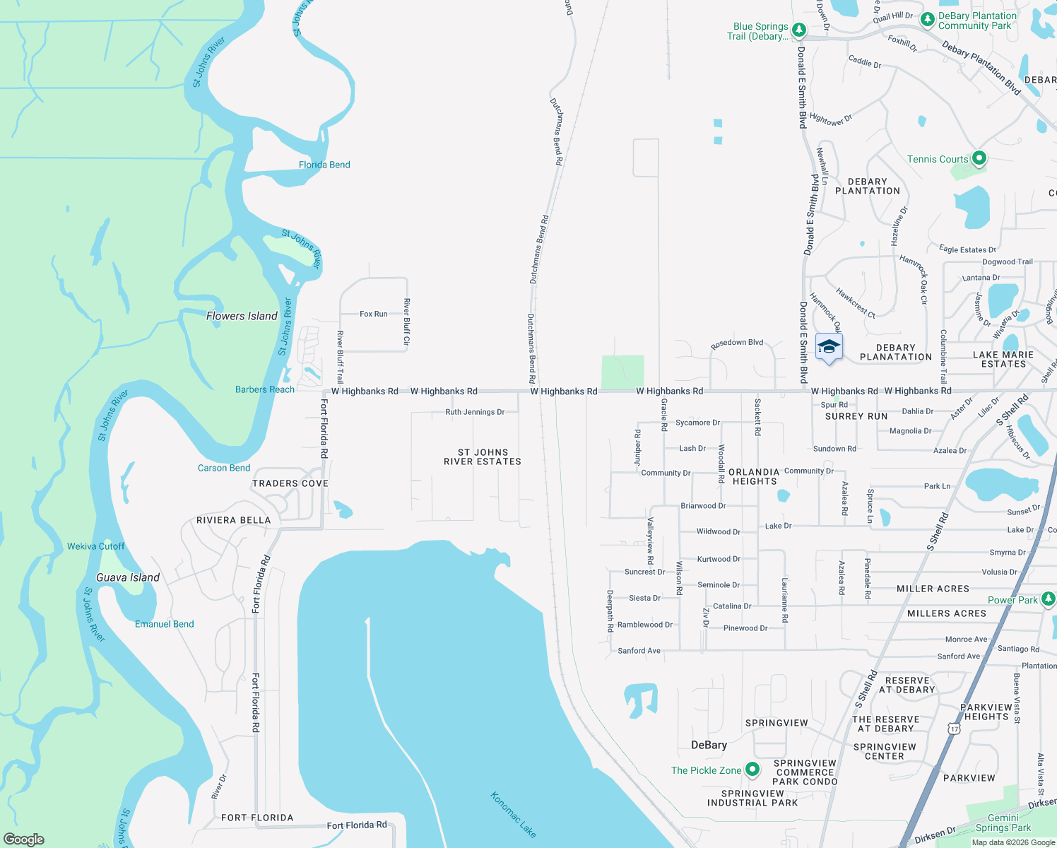 map of restaurants, bars, coffee shops, grocery stores, and more near 13 Sanctuary Avenue in DeBary