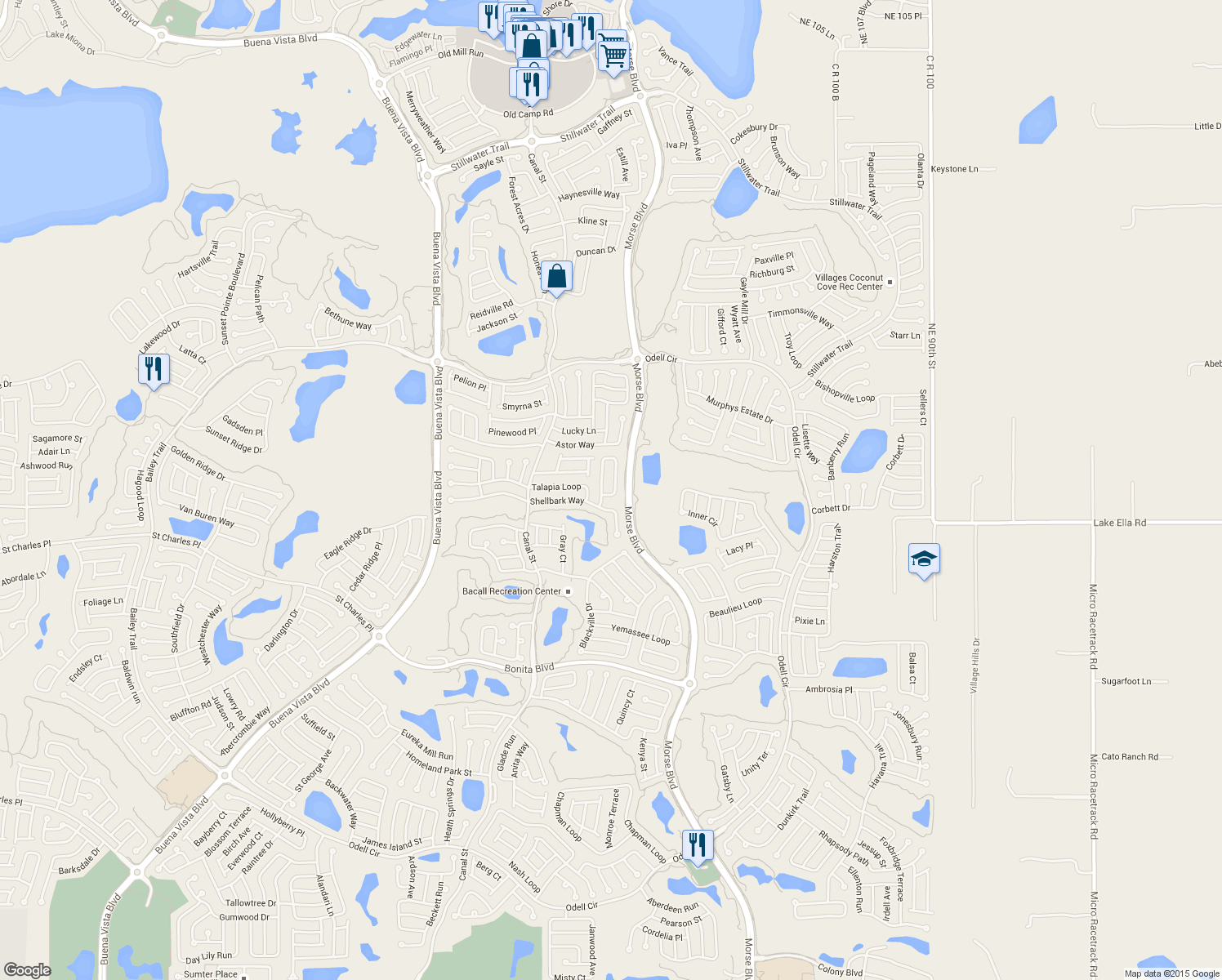 map of restaurants, bars, coffee shops, grocery stores, and more near 1765 Poppy Circle in The Villages