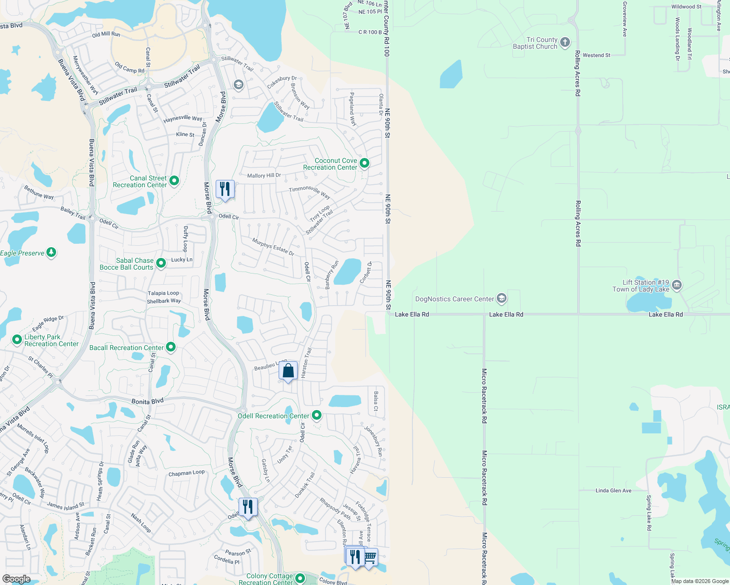 map of restaurants, bars, coffee shops, grocery stores, and more near 317 Mercer Way in The Villages