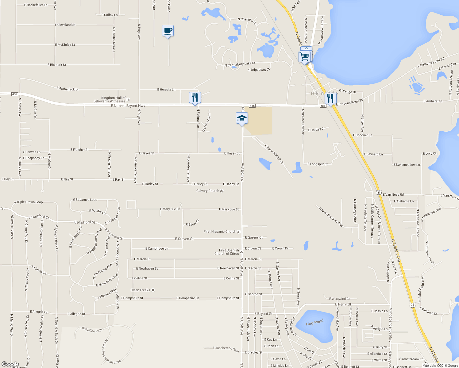 map of restaurants, bars, coffee shops, grocery stores, and more near 2765 East Harley Street in Inverness