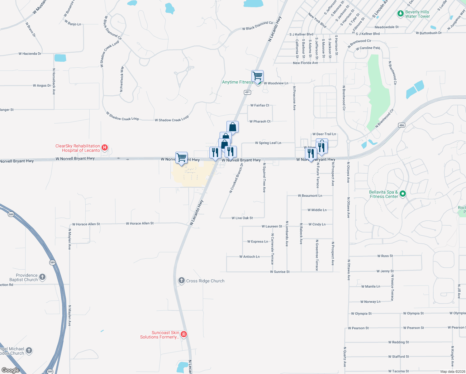 map of restaurants, bars, coffee shops, grocery stores, and more near 1741 North Crooked Branch Drive in Lecanto