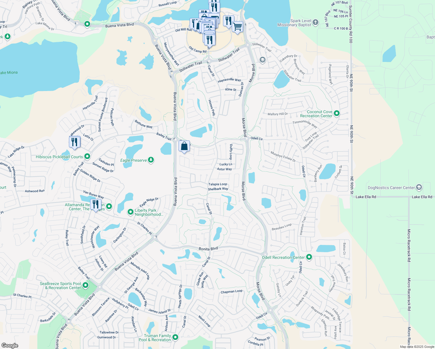 map of restaurants, bars, coffee shops, grocery stores, and more near 1810 Longwood Court in The Villages