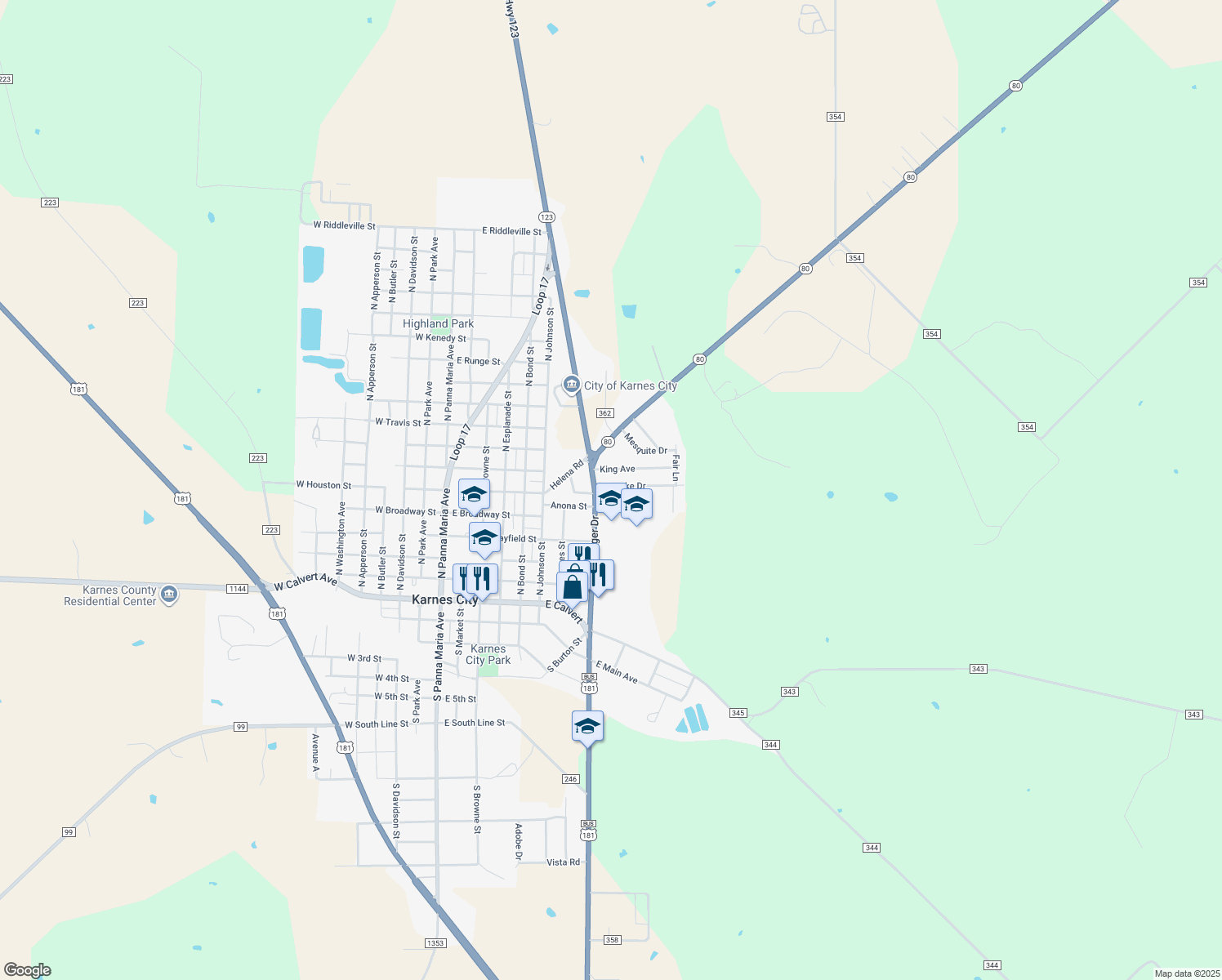 map of restaurants, bars, coffee shops, grocery stores, and more near 810 Muecke Drive in Karnes City