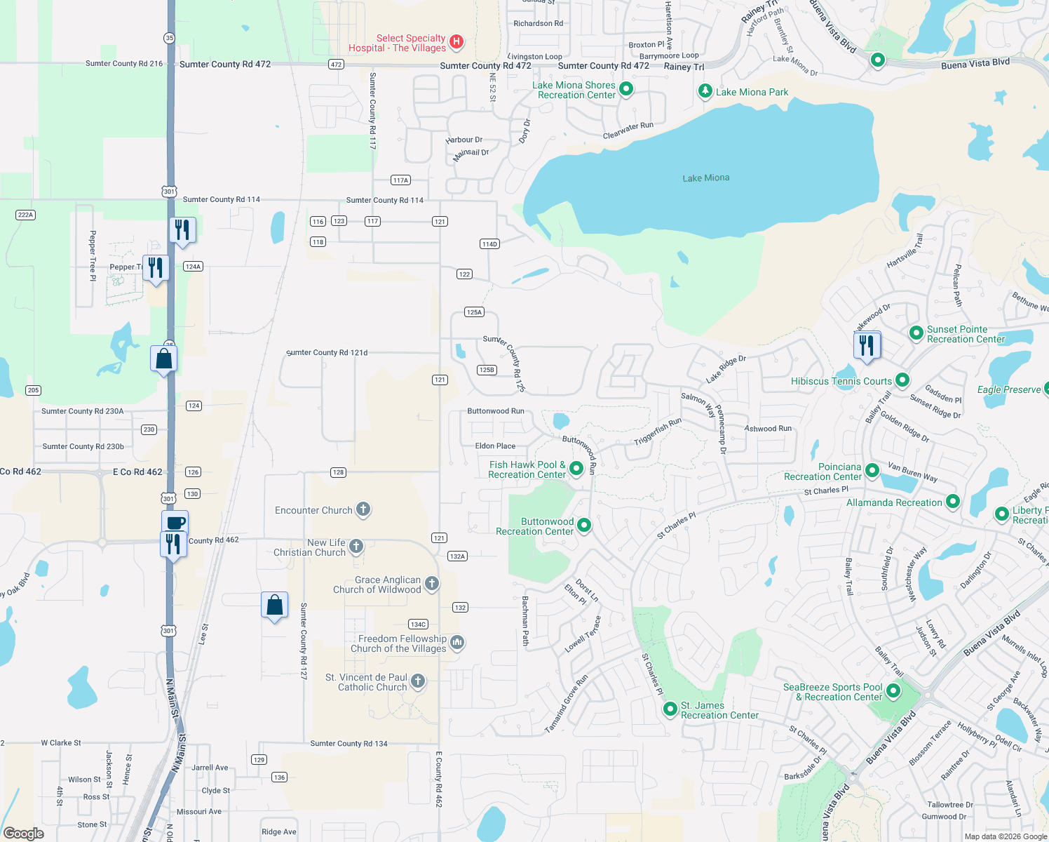 map of restaurants, bars, coffee shops, grocery stores, and more near 1787 Eastpoint Street in The Villages