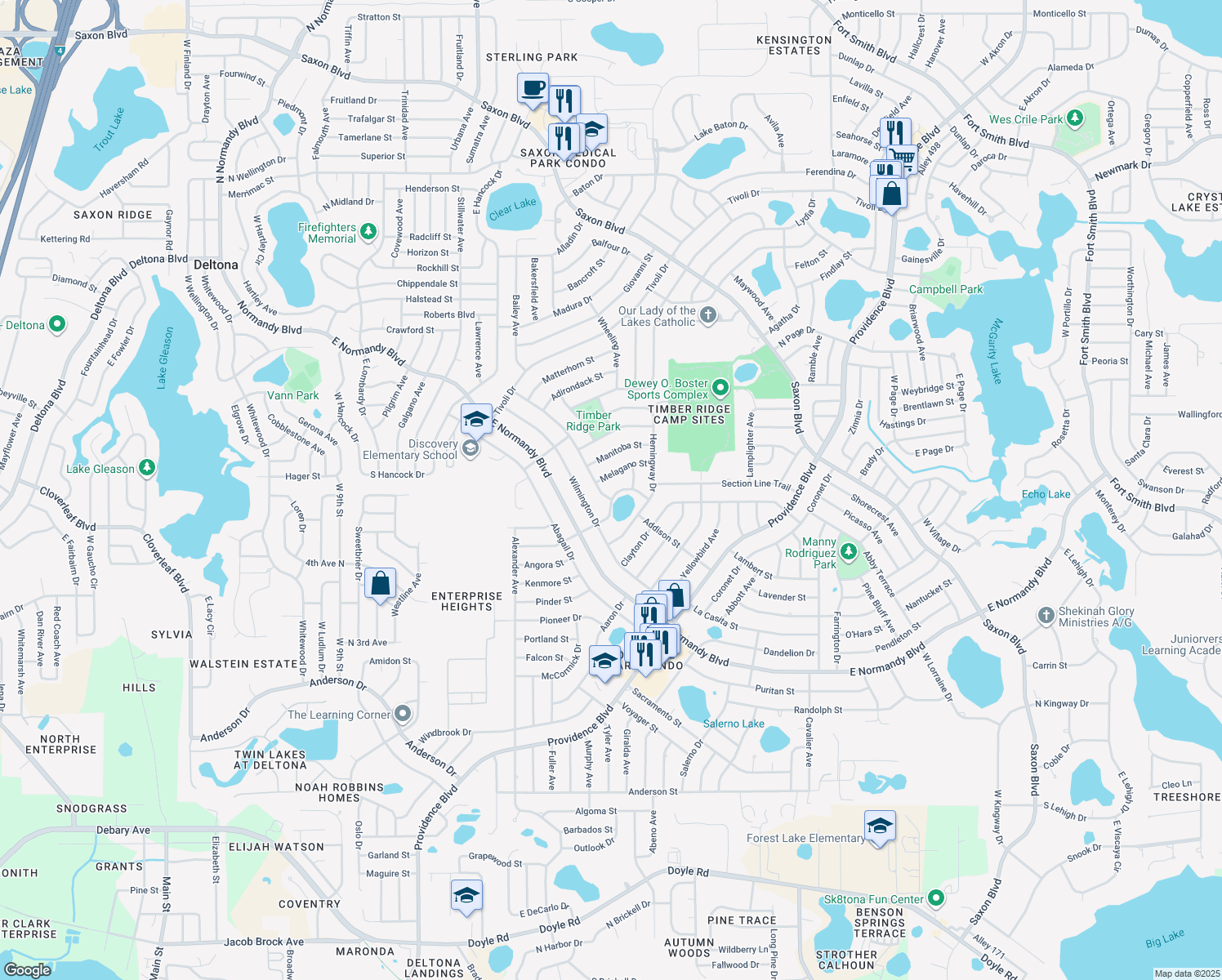 map of restaurants, bars, coffee shops, grocery stores, and more near 1104 Norwood Drive in Deltona