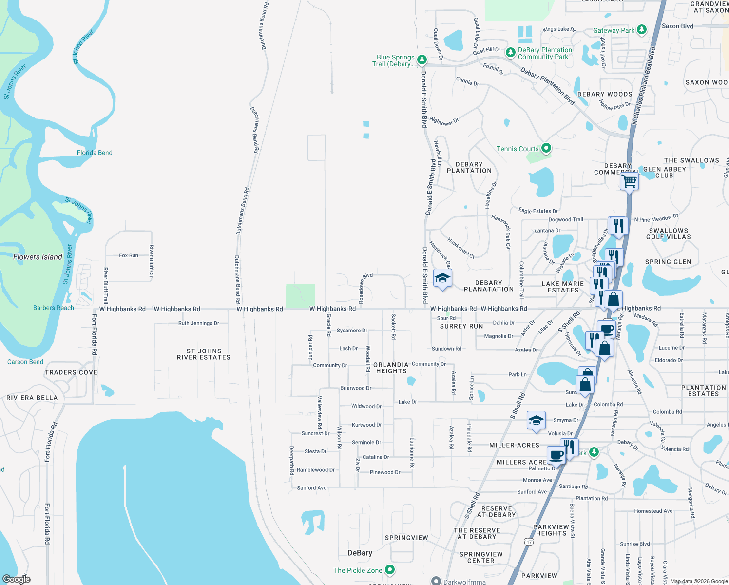 map of restaurants, bars, coffee shops, grocery stores, and more near 54 Rosedown Boulevard in DeBary