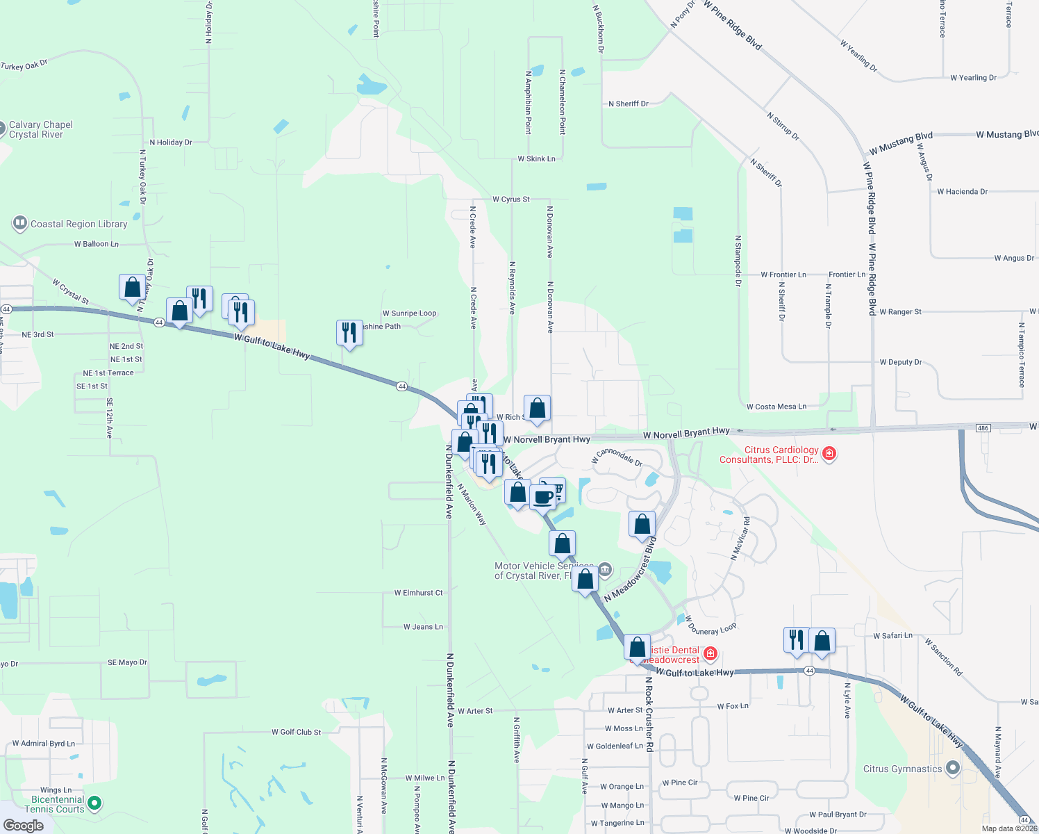 map of restaurants, bars, coffee shops, grocery stores, and more near 6725 West Rich Street in Crystal River