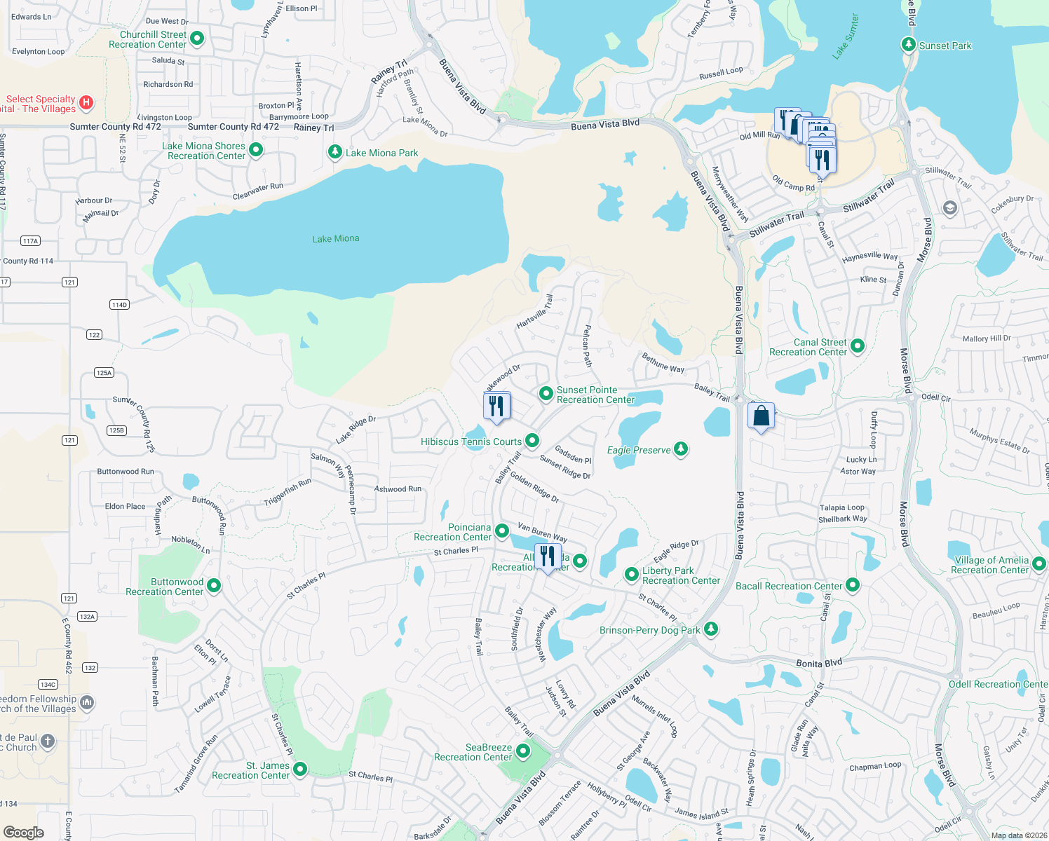 map of restaurants, bars, coffee shops, grocery stores, and more near 1651 Hickory Grove Lane in The Villages