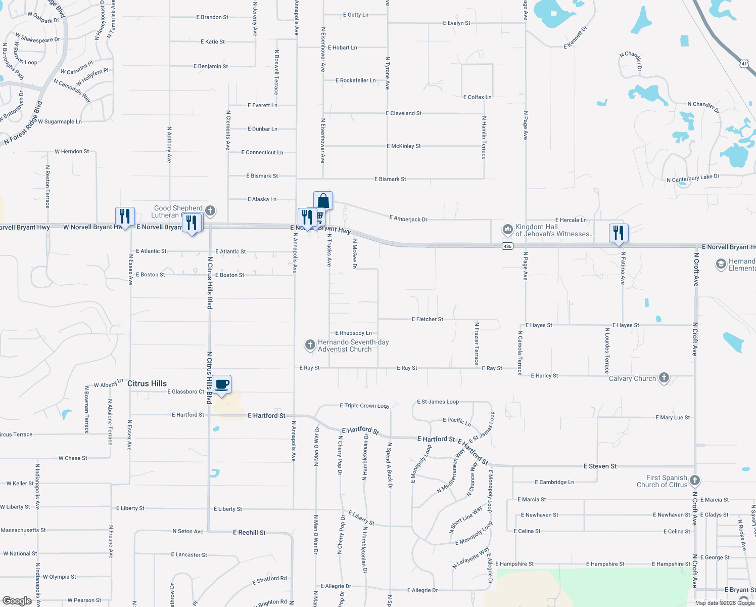 map of restaurants, bars, coffee shops, grocery stores, and more near 2100 North McGee Drive in Hernando