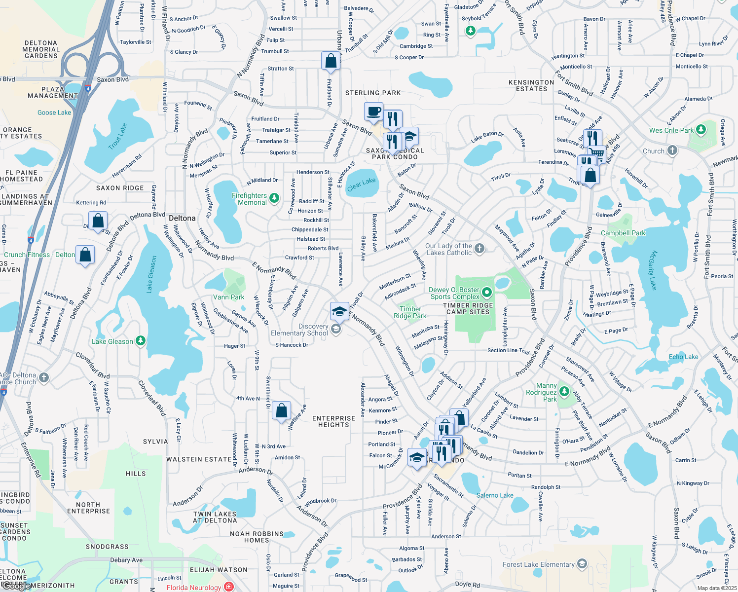 map of restaurants, bars, coffee shops, grocery stores, and more near 1000 Matterhorn Street in Deltona