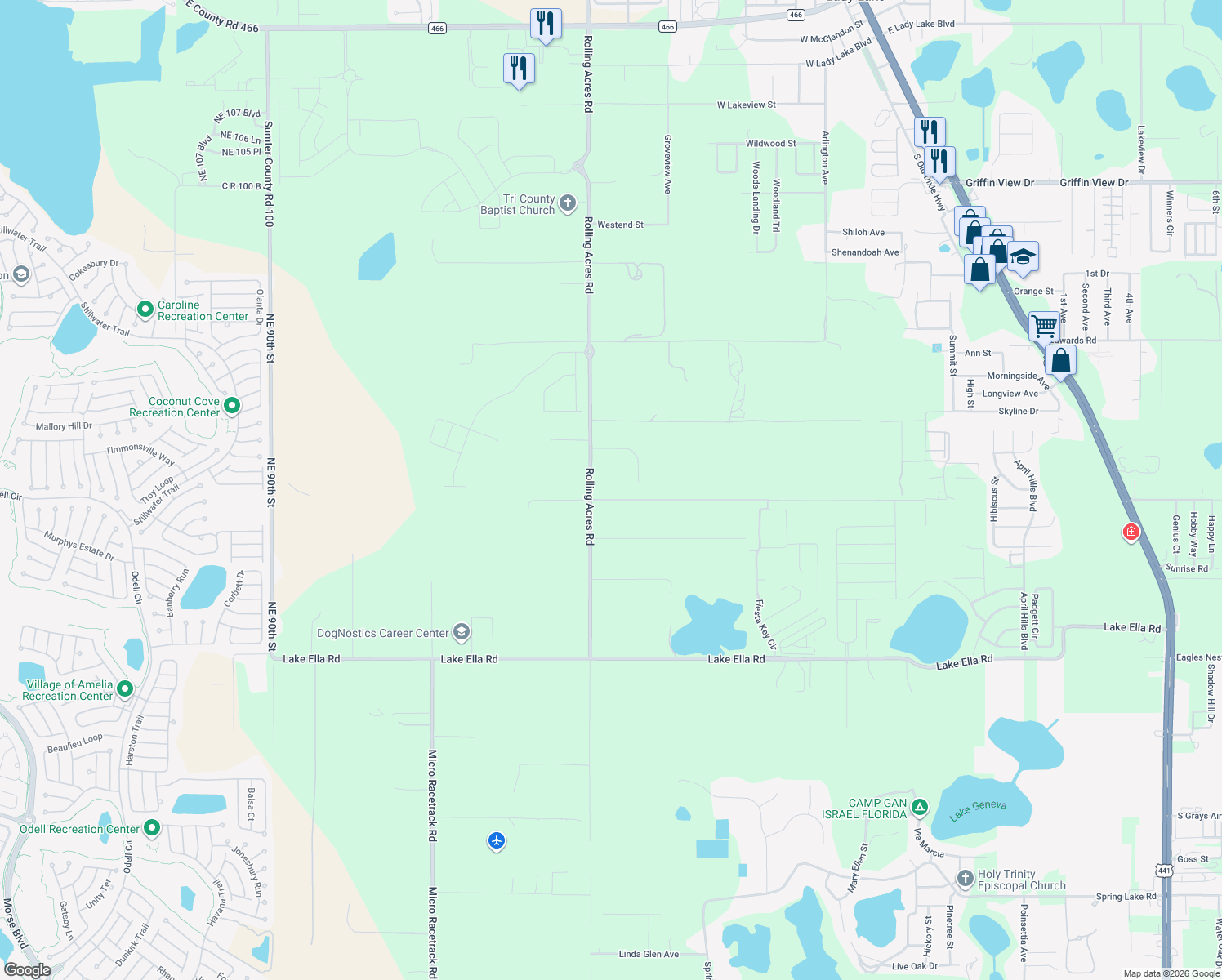 map of restaurants, bars, coffee shops, grocery stores, and more near 37600 Rolling Acres Road in Lady Lake
