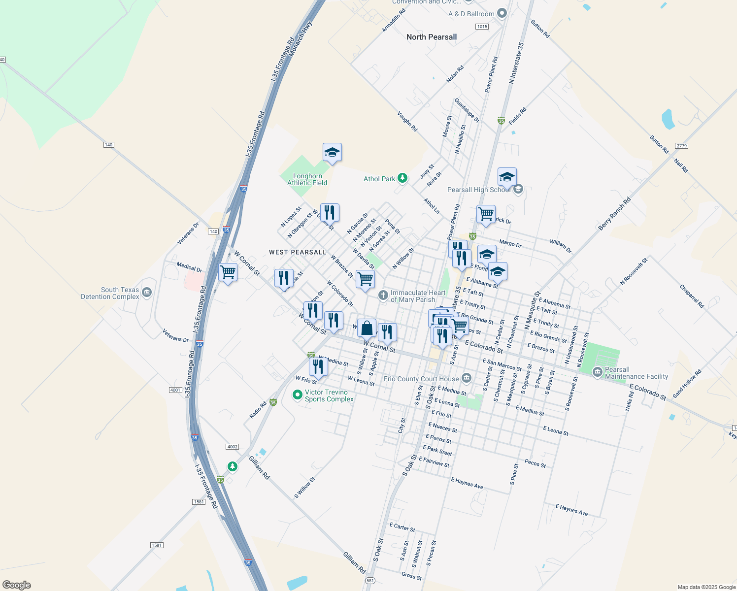 map of restaurants, bars, coffee shops, grocery stores, and more near 705 West Brazos Street in Pearsall