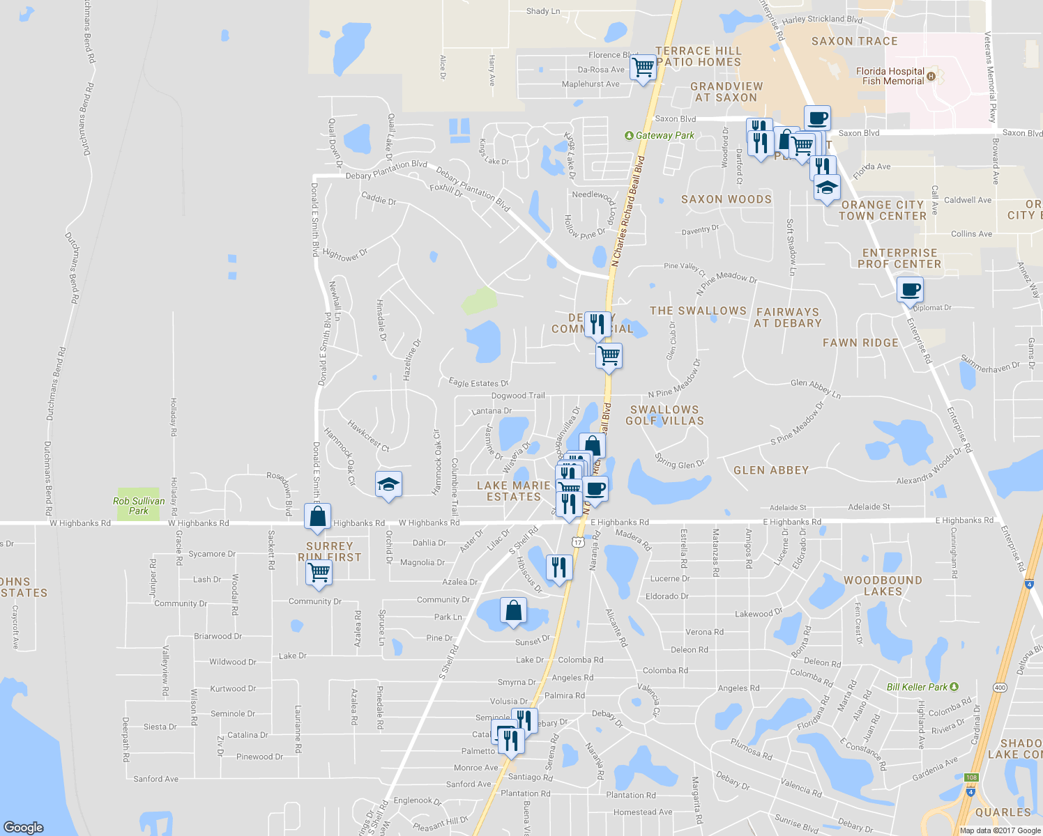 map of restaurants, bars, coffee shops, grocery stores, and more near 47 Lantana Drive in DeBary