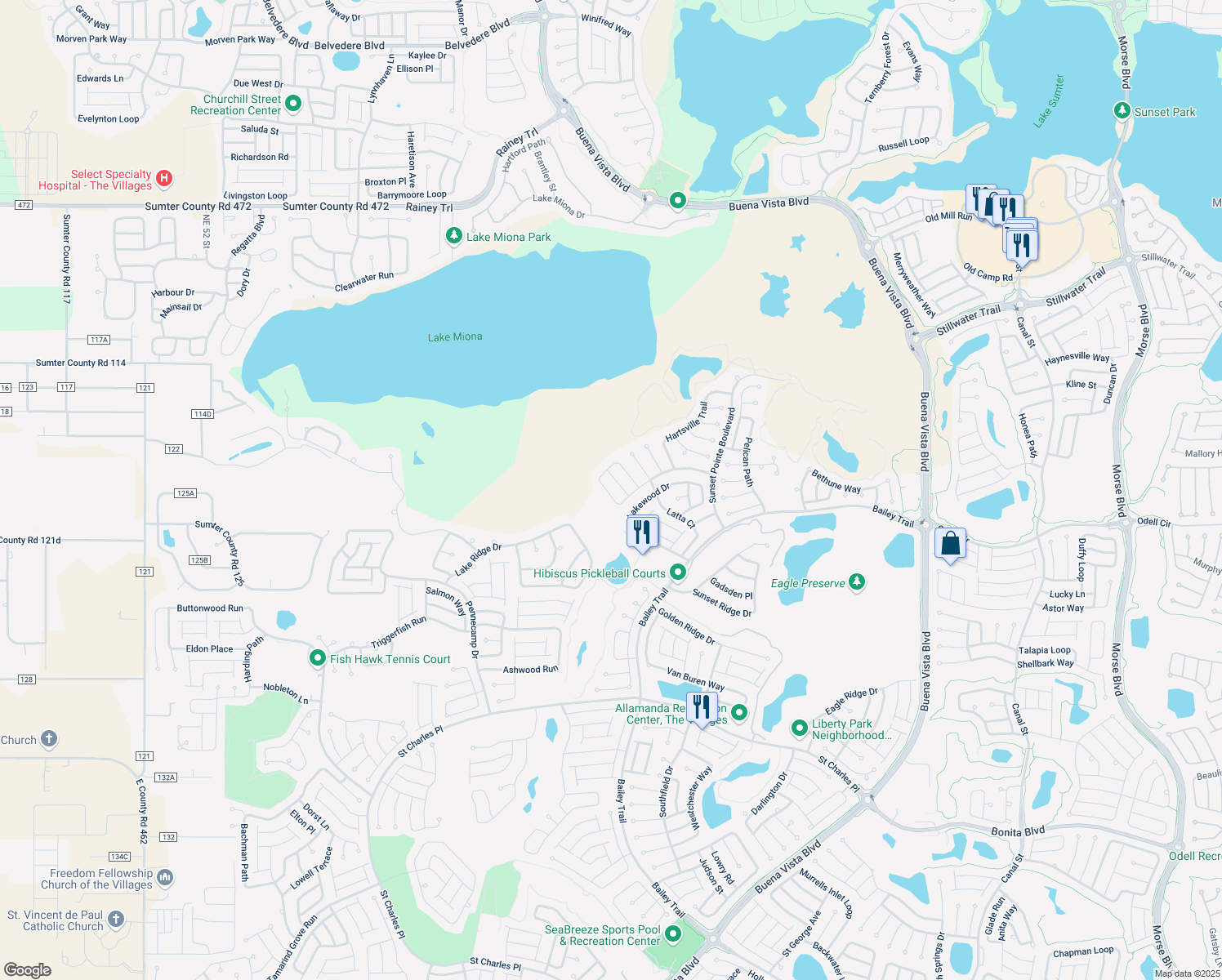 map of restaurants, bars, coffee shops, grocery stores, and more near 1775 Blythewood Loop in The Villages