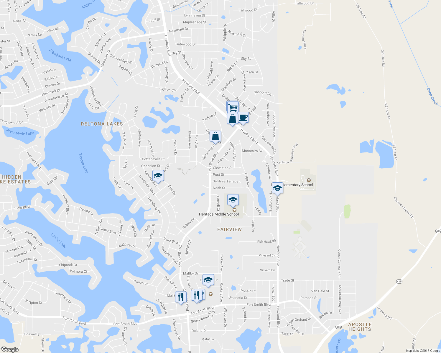 map of restaurants, bars, coffee shops, grocery stores, and more near 3205 Post Street in Deltona