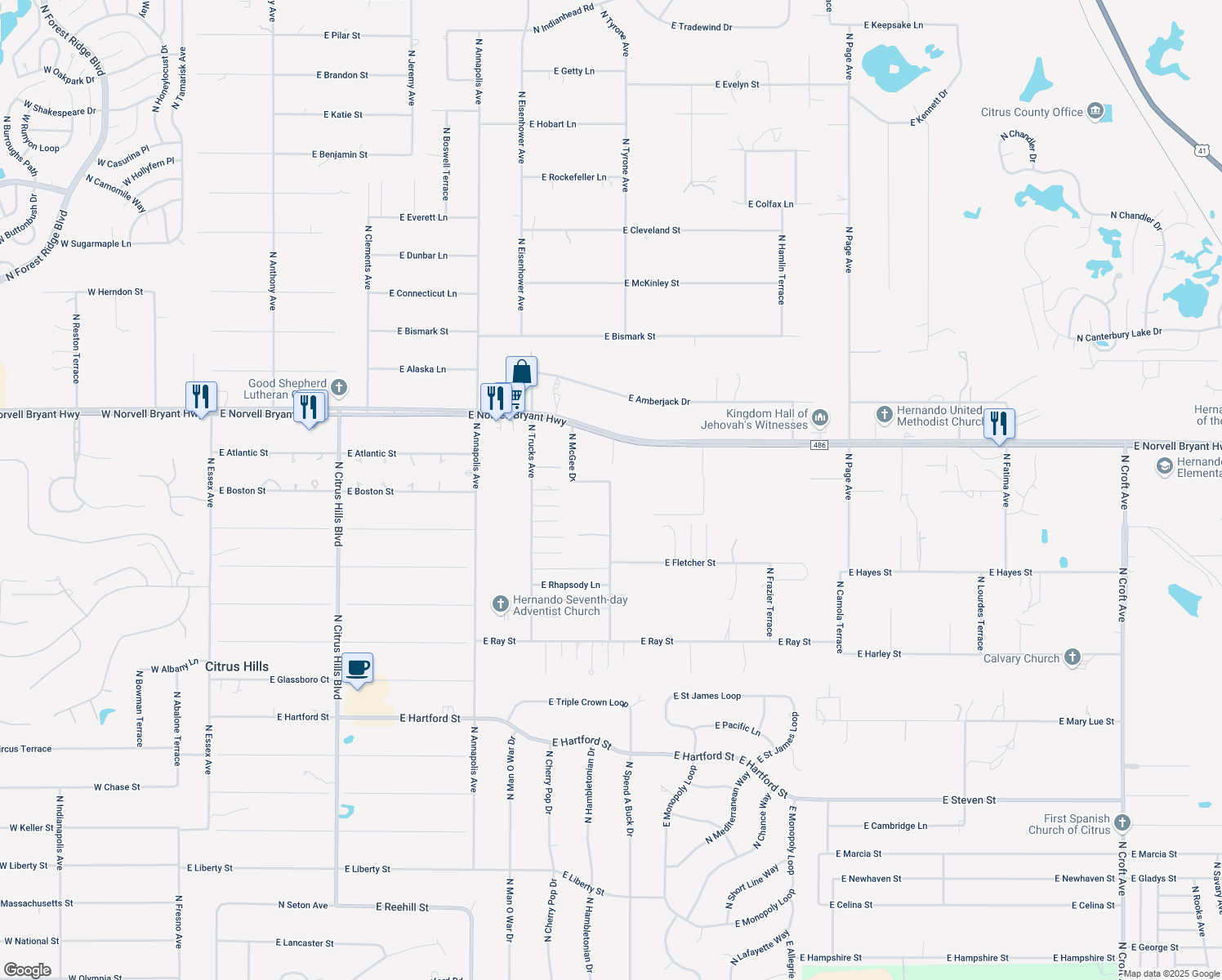 map of restaurants, bars, coffee shops, grocery stores, and more near 2289 North McGee Drive in Hernando