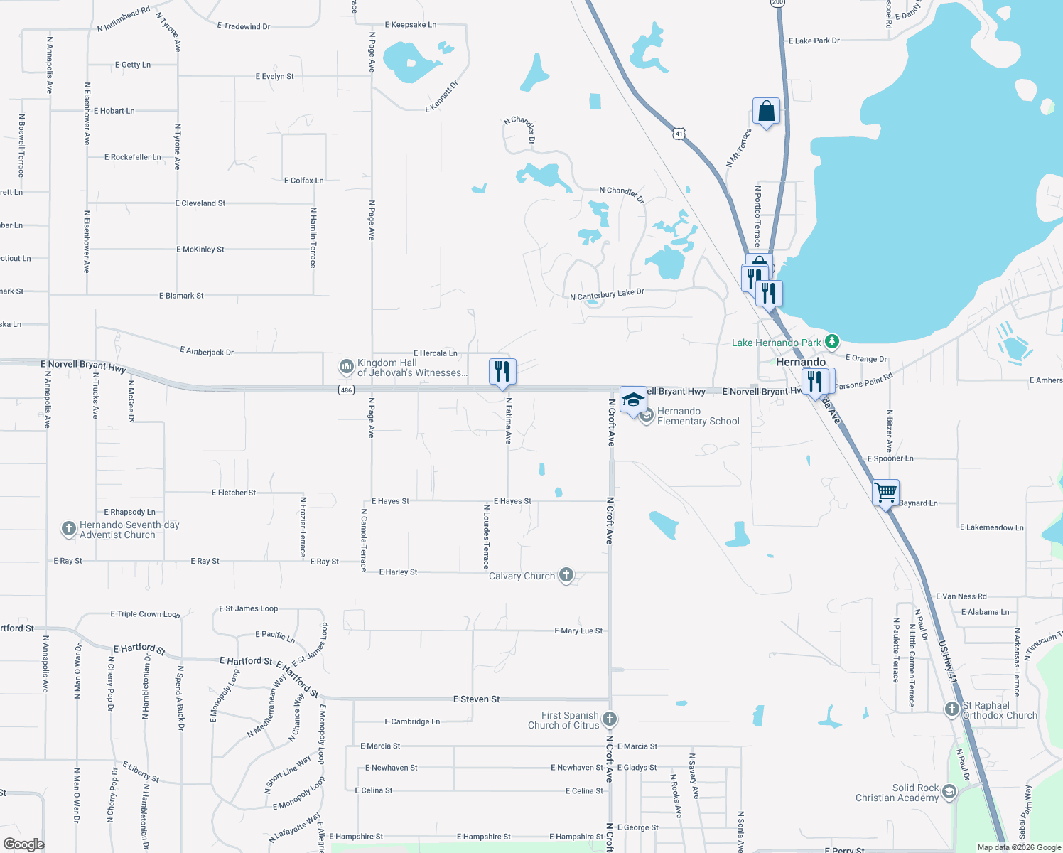 map of restaurants, bars, coffee shops, grocery stores, and more near 2335 North Loma Point in Hernando