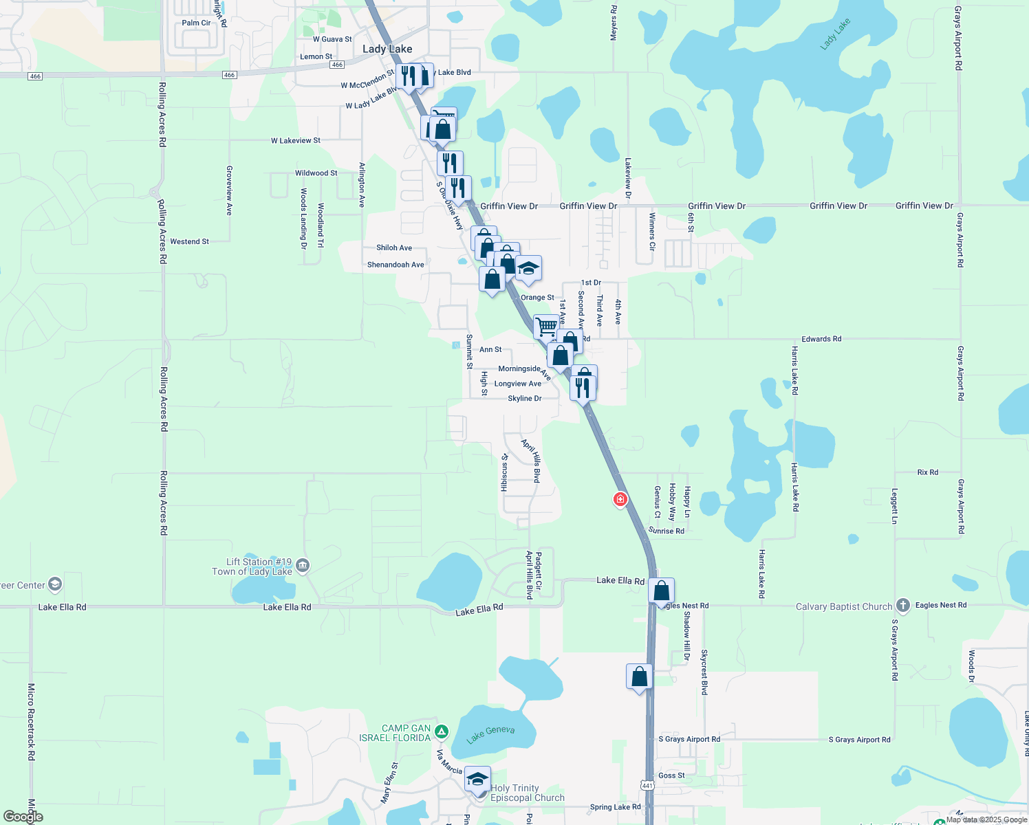 map of restaurants, bars, coffee shops, grocery stores, and more near 904 April Hills Boulevard in Lady Lake