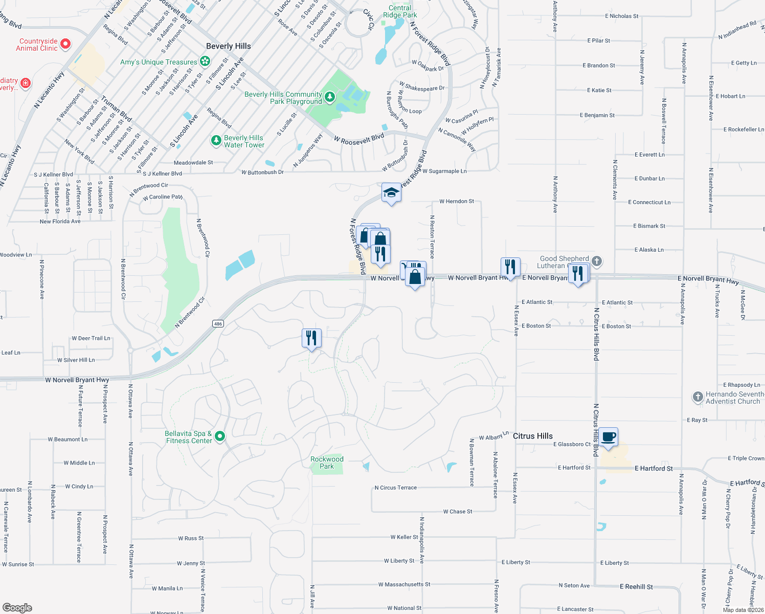 map of restaurants, bars, coffee shops, grocery stores, and more near 680 West Doerr Path in Hernando