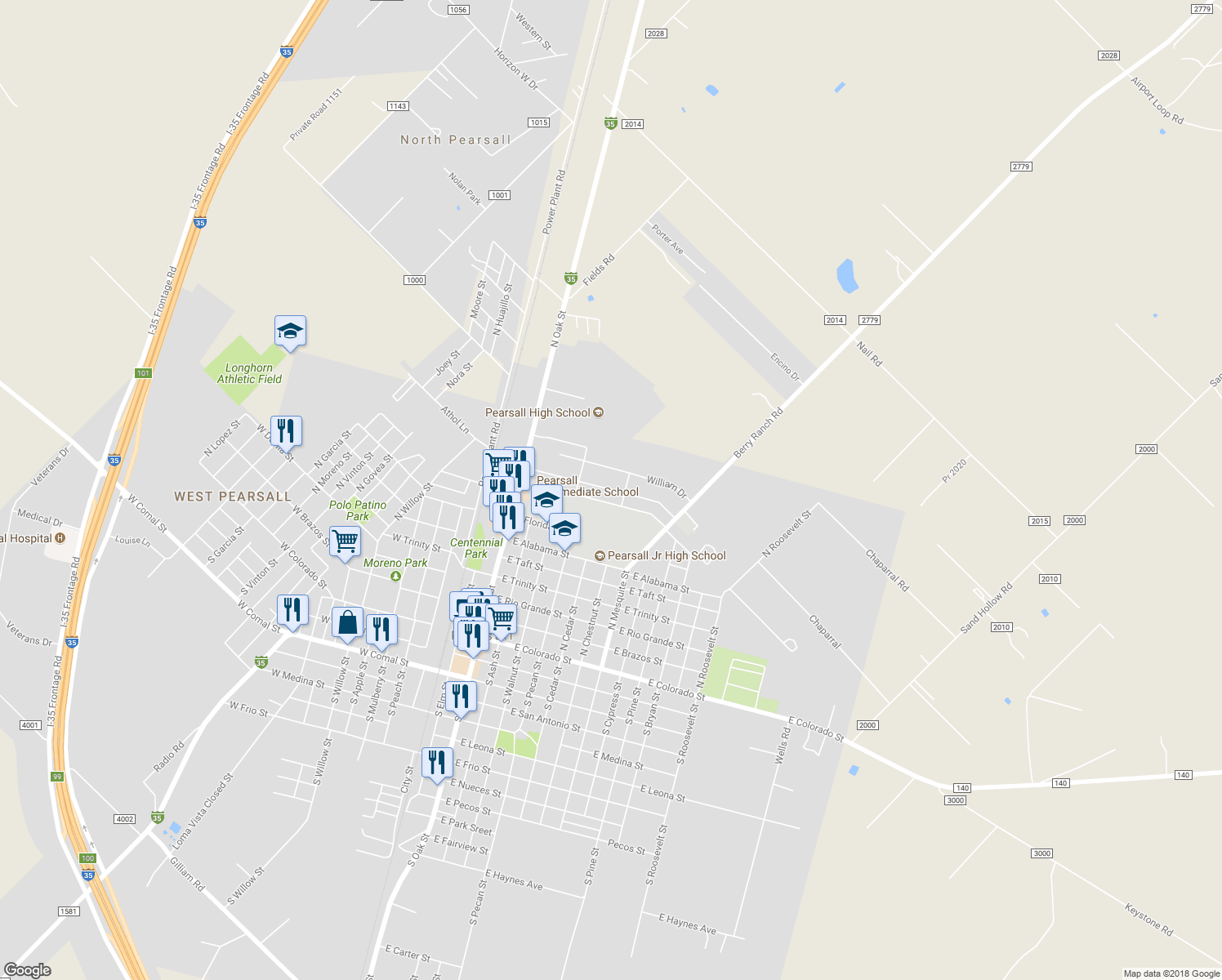 map of restaurants, bars, coffee shops, grocery stores, and more near 456 Margo Drive in Pearsall
