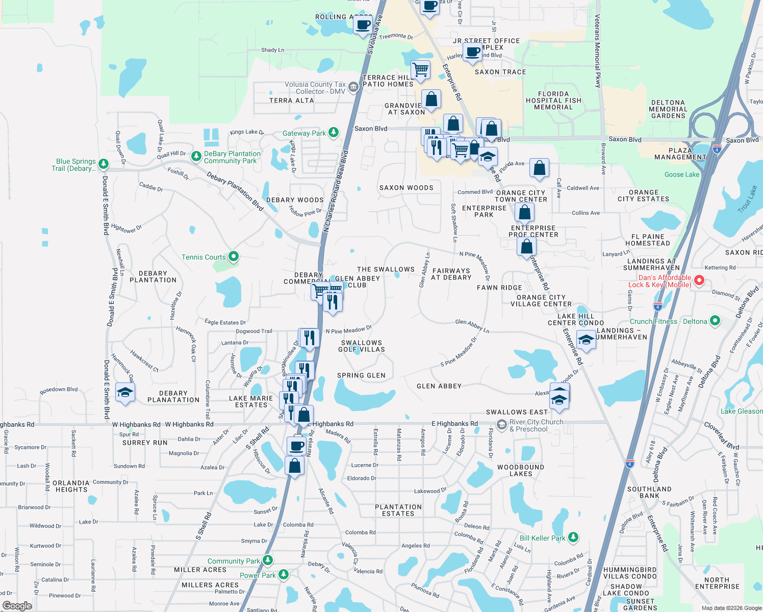 map of restaurants, bars, coffee shops, grocery stores, and more near 402 North Pine Meadow Drive in DeBary