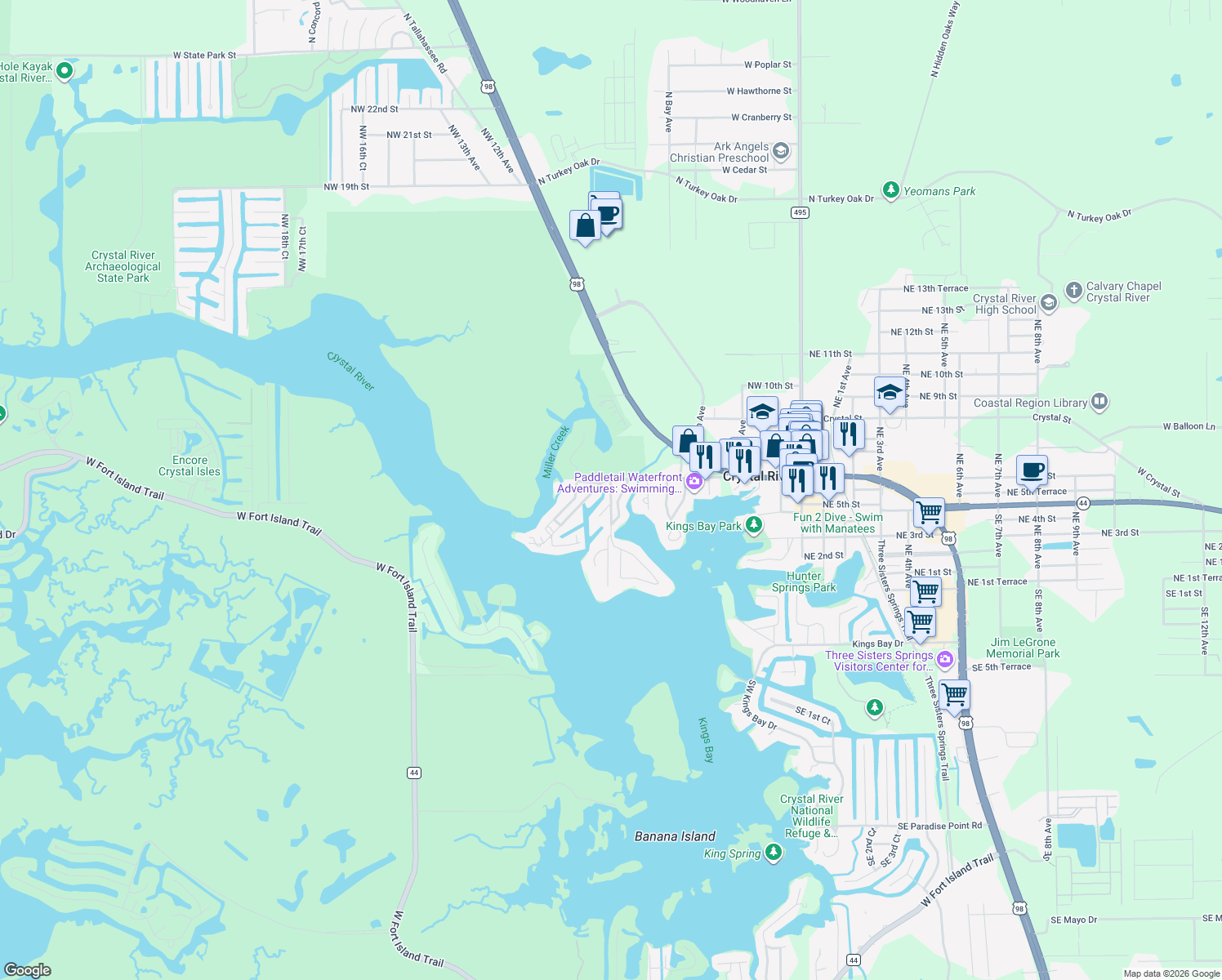 map of restaurants, bars, coffee shops, grocery stores, and more near 566 Northwest Magnolia Circle in Crystal River